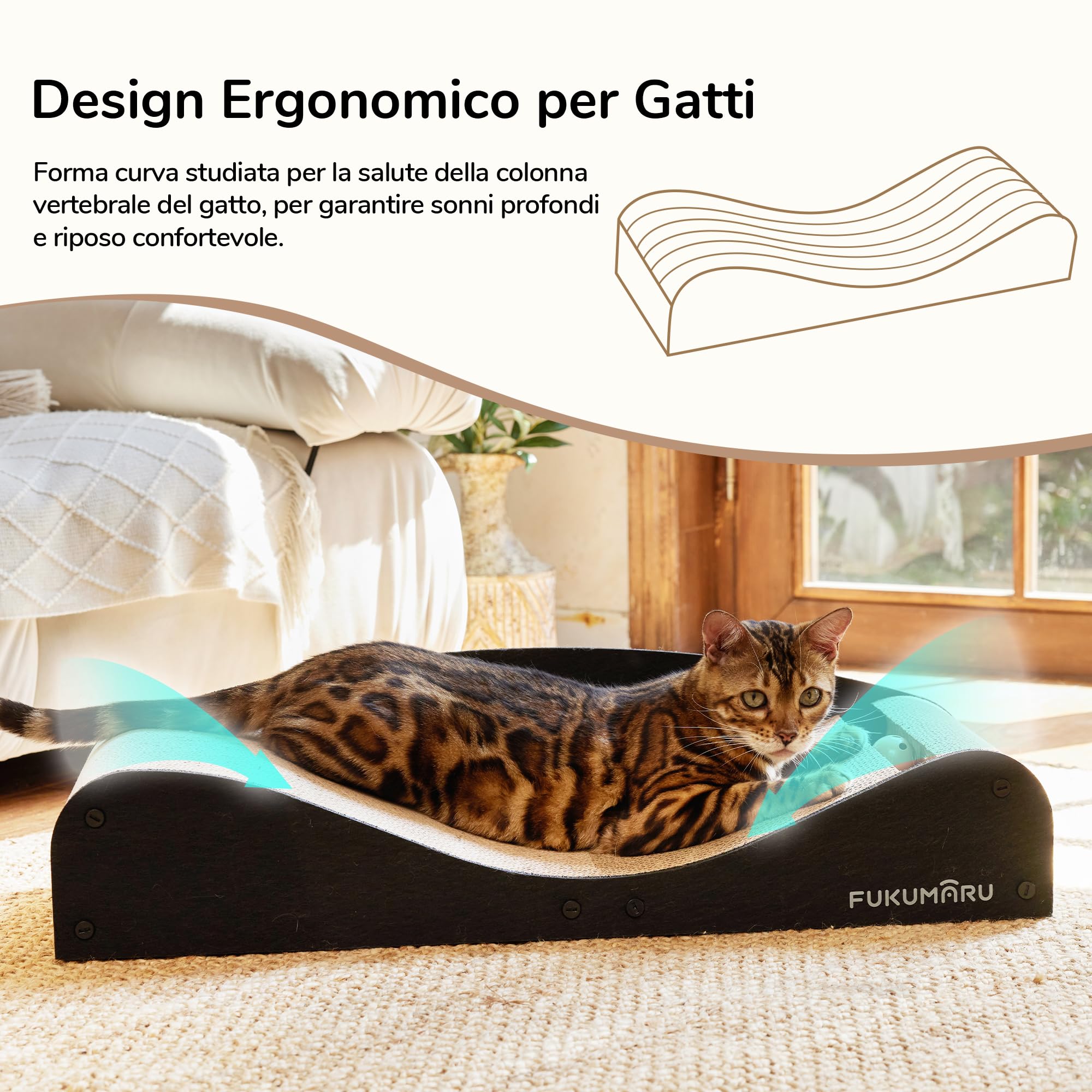 FUKUMARU Lettino Tiragraffi per Gatti in Cartone, Cuccia Tiragraffi Extra Lungo 74 cm, Divano per Gatti con Cuscino in Feltro Naturale, Graffiatoio Orizzontale con Pallina Giocattolo, Nero