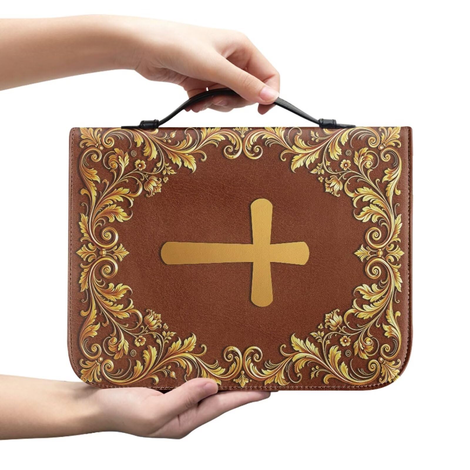 Kuiaobaty Gold Cross Floral Book Protector Cover for Women Elegant Zipper PU Leather Bible Bag with Inside Pen Pockets, 4 Size — image 1