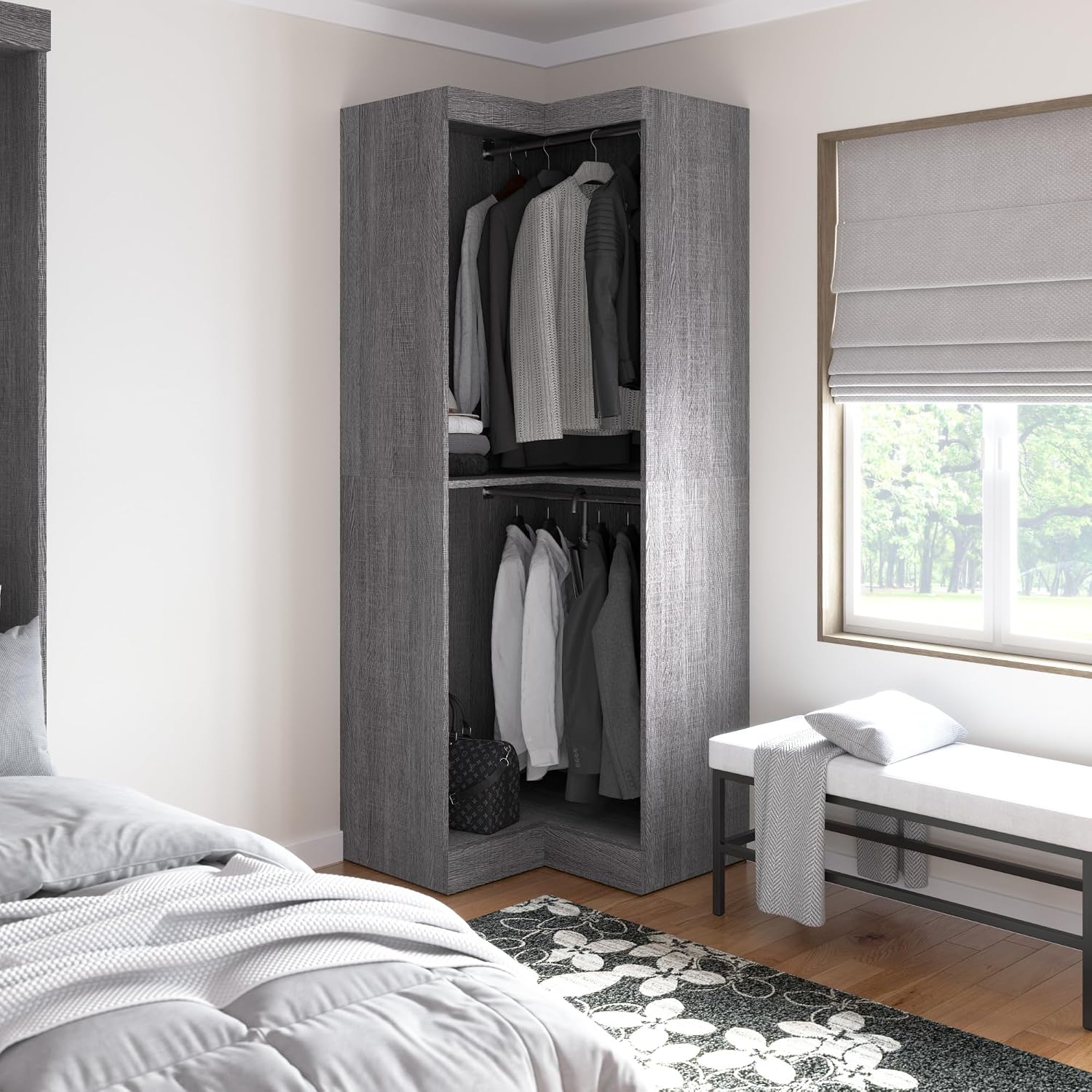 Bestar Corner Closet Organizer System 33-inch for Walk-In Closets, Bedroom, Entryway, Pur Collection, Modern, Bark Gray