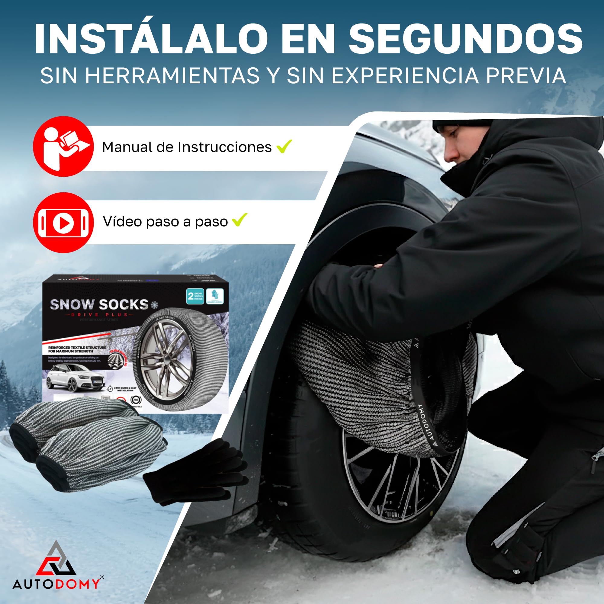 Autodomy Cadenas Textil Nieve Talla L Compatible con Cualquier Neumatico | Fundas Ruedas Nieve No Dañan el Neumático | Cadena Textil Coche Homologadas Rápido de Instalar sin Herramientas