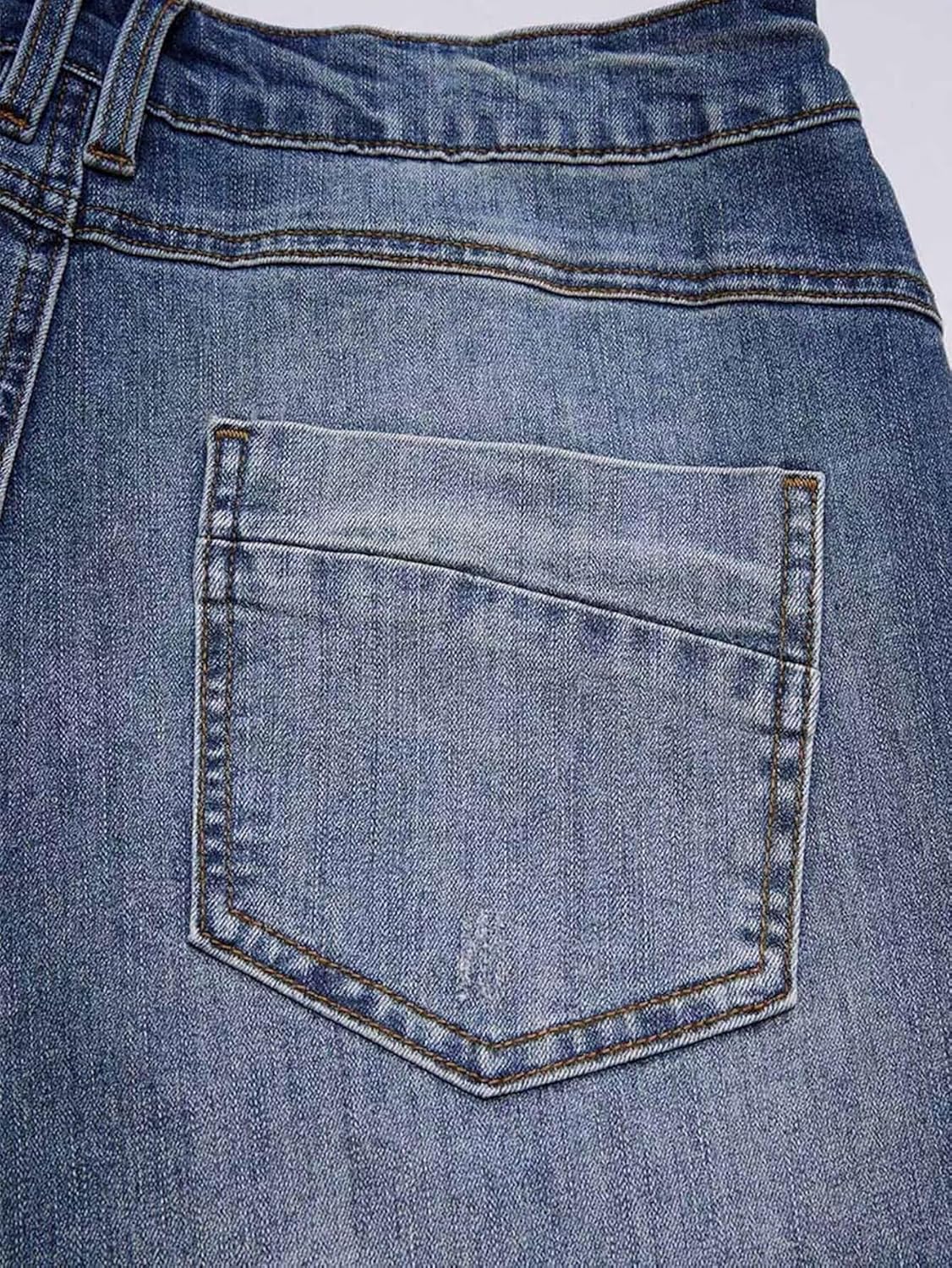 Flamingals Women’s Stretchy Straight Leg Casual Mid Rise Jeans Wash Button Fly Stitch Detail 90s Trendy Denim Jeans