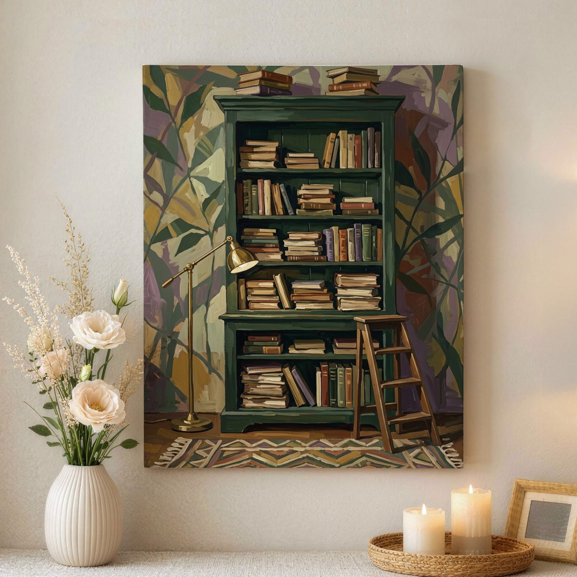Impresión en lienzo de estantería verde retro de 16 x 20 para decoración de pared 8