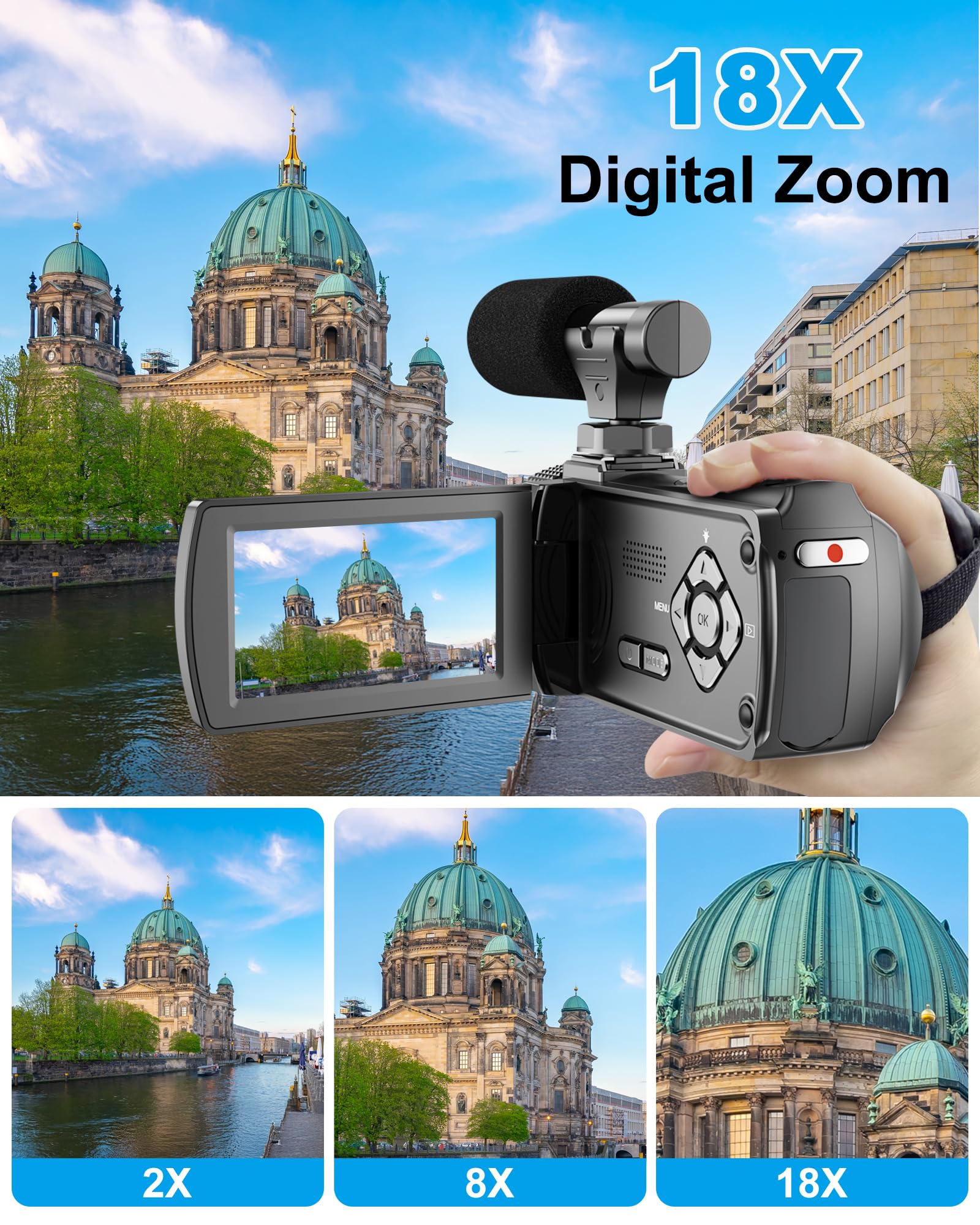 Videocamera 4K 48MP 60FPS UHD per YouTube Vlogging Zoom digitale 18X 3" IPS 270° Flip Screen Videocamera con microfono Lavalier wireless, scheda SD da 32 GB, 2 batterie e telecomando