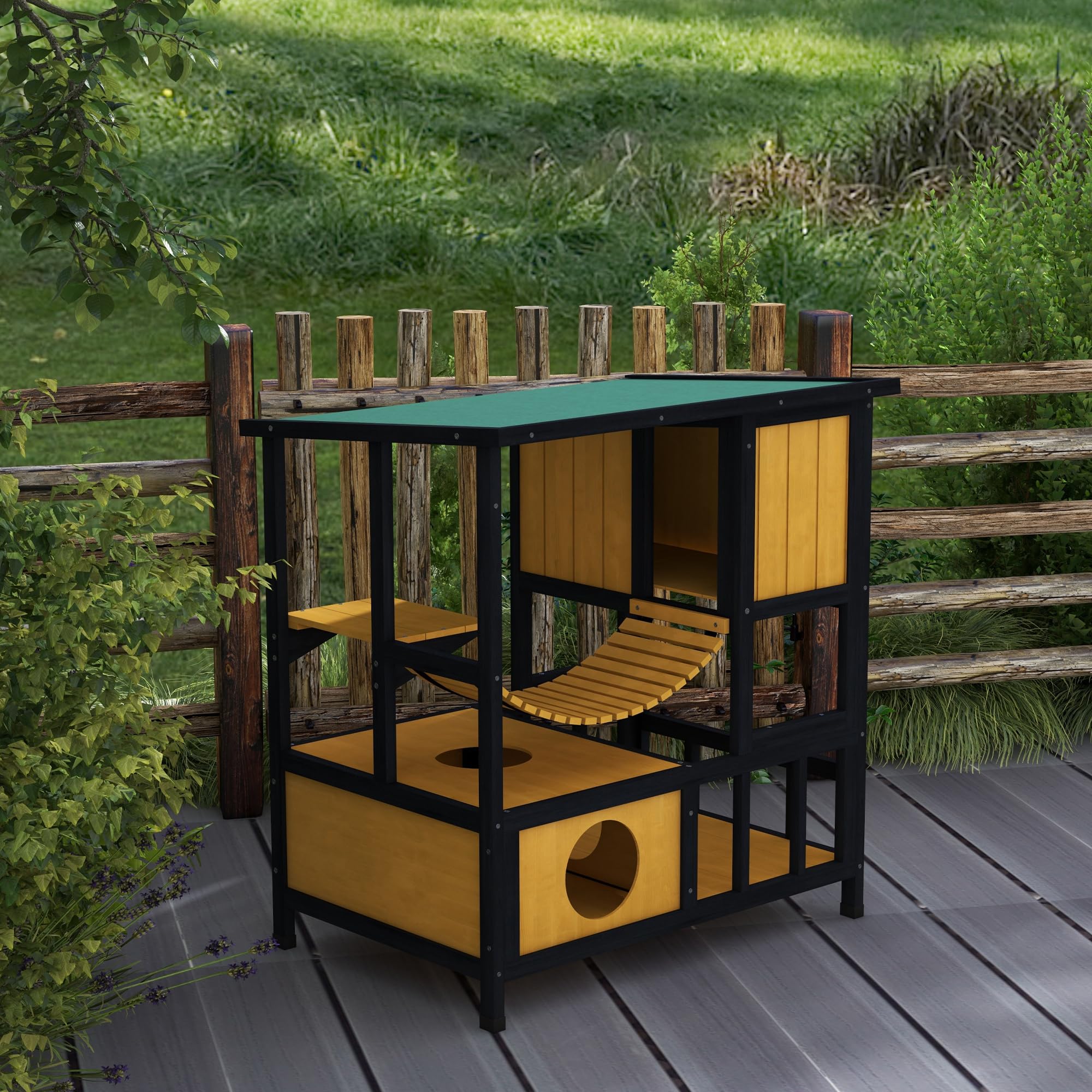 PawHut Katzenhaus aus Holz Wetterfest für 1-2 Katzen 84,5x60x88 cm Gelb | Katzenhöhle für Draußen, Katzenhütte mit Asphaltdach, Hängebrücke, Balkon, Plattform, Schutzhütte, bis 5 kg
