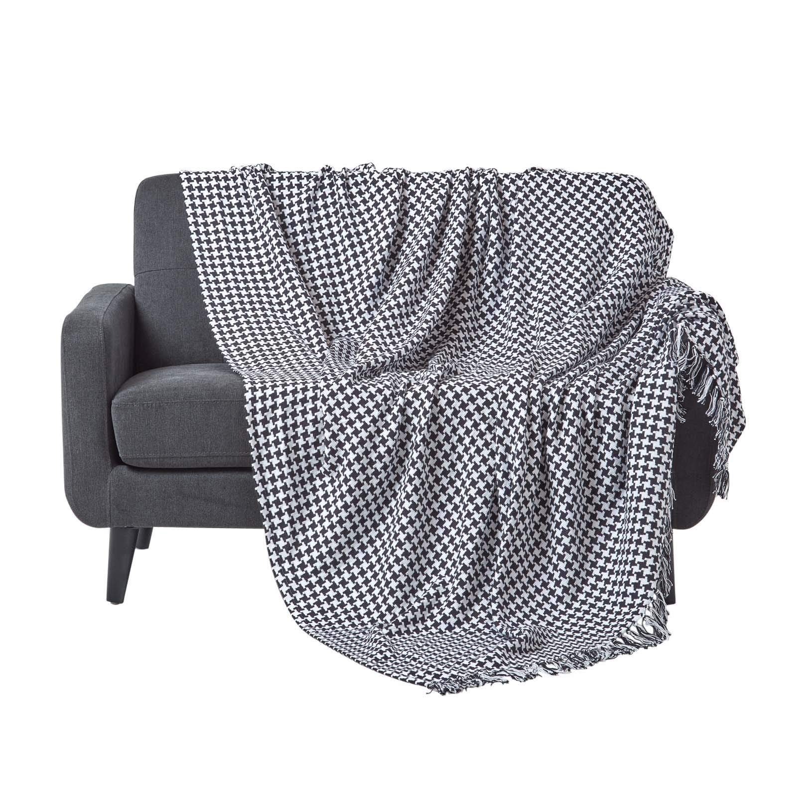 HOMESCAPES Jeté de canapé en 100% Coton - Noir - 230 x 250 cm - Plaid géométrique Pied de Poule