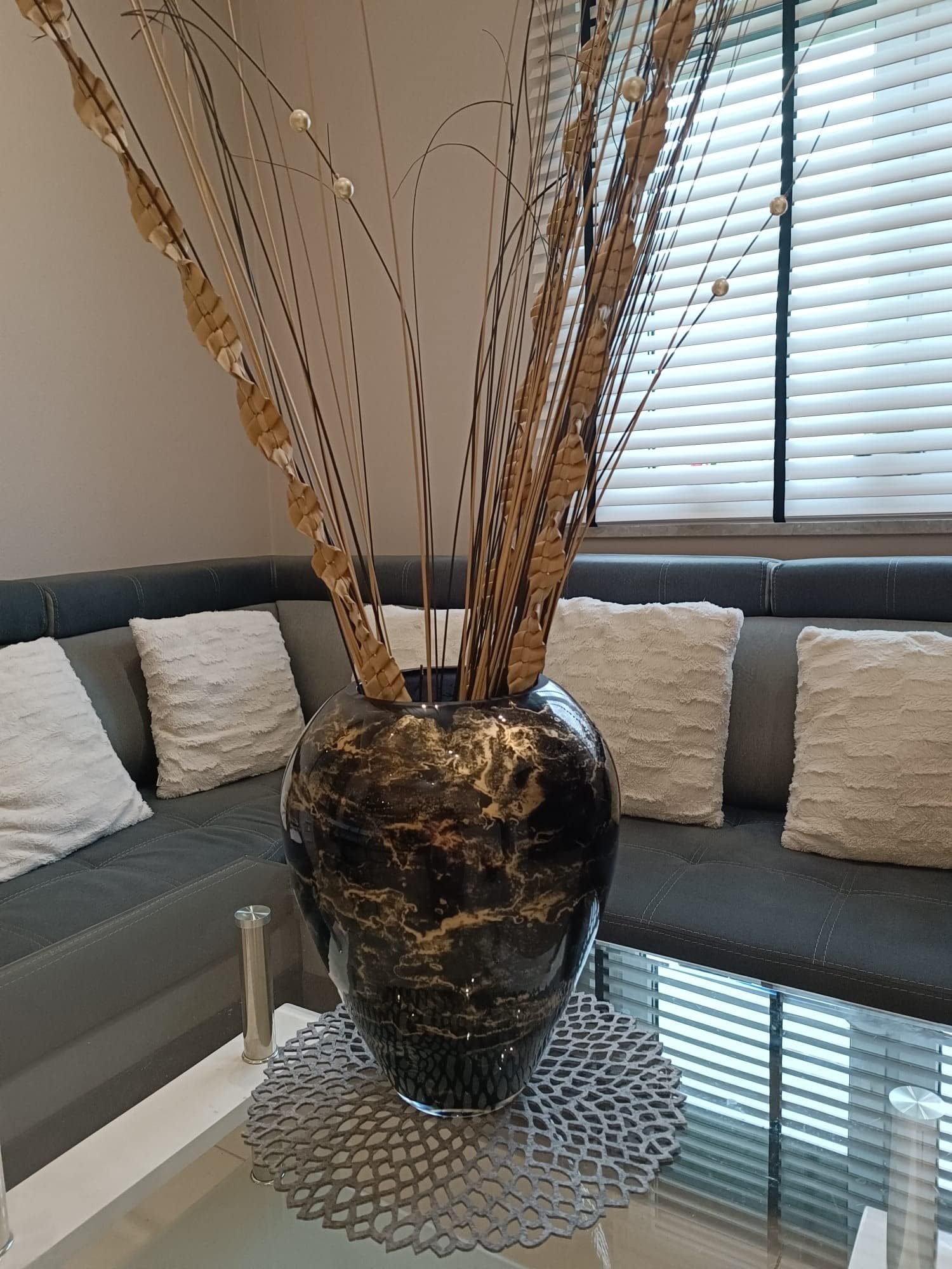 Terroso – Vaso – Vetro nero soffiato a bocca – Aspetto lussuoso, elegante e raffinato – 33 cm di altezza – Effetto marmo – Vaso per fiori