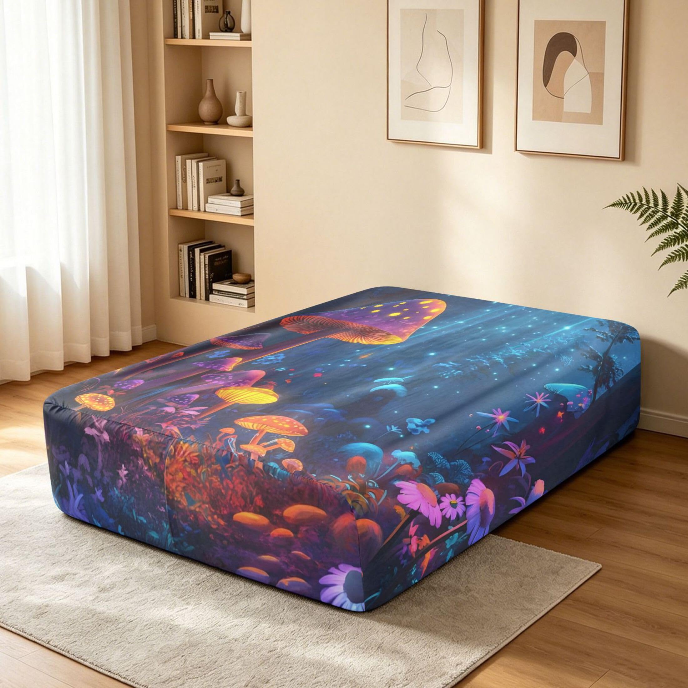 Sábana bajera ajustable tamaño individual con diseño de hongos coloridos para colchón de aire, bolsillo extra profundo de 24 pulgadas, funda suave y transpirable con apertura de válvula de