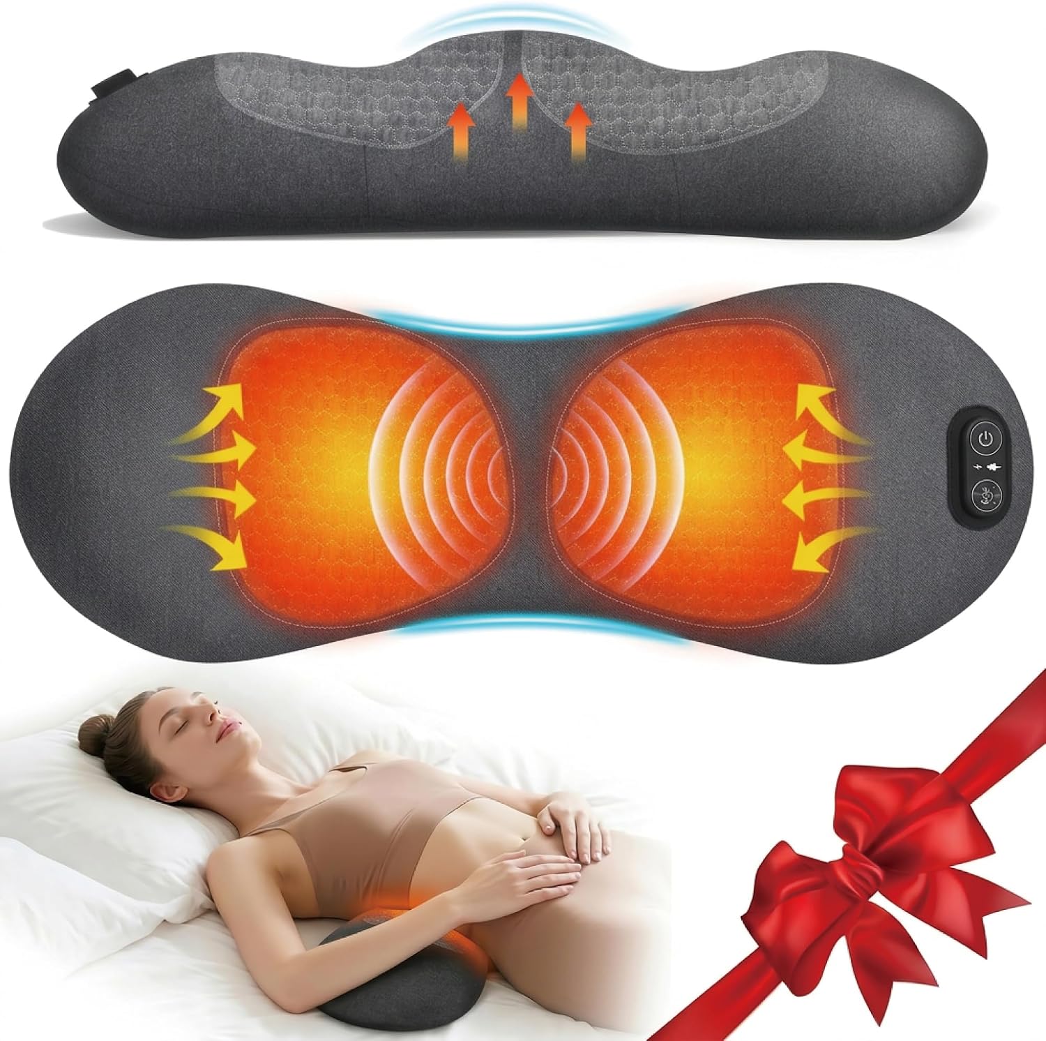 Cordless Lumbar Support Pillow with Heat, 3 in 1 Triple Fusion Back Massager for Lower Back Pain Relief, Electric Soothing Massage & Spinal Traction, Rechargeable Massager for Chair, Car & Bed (Grey)
