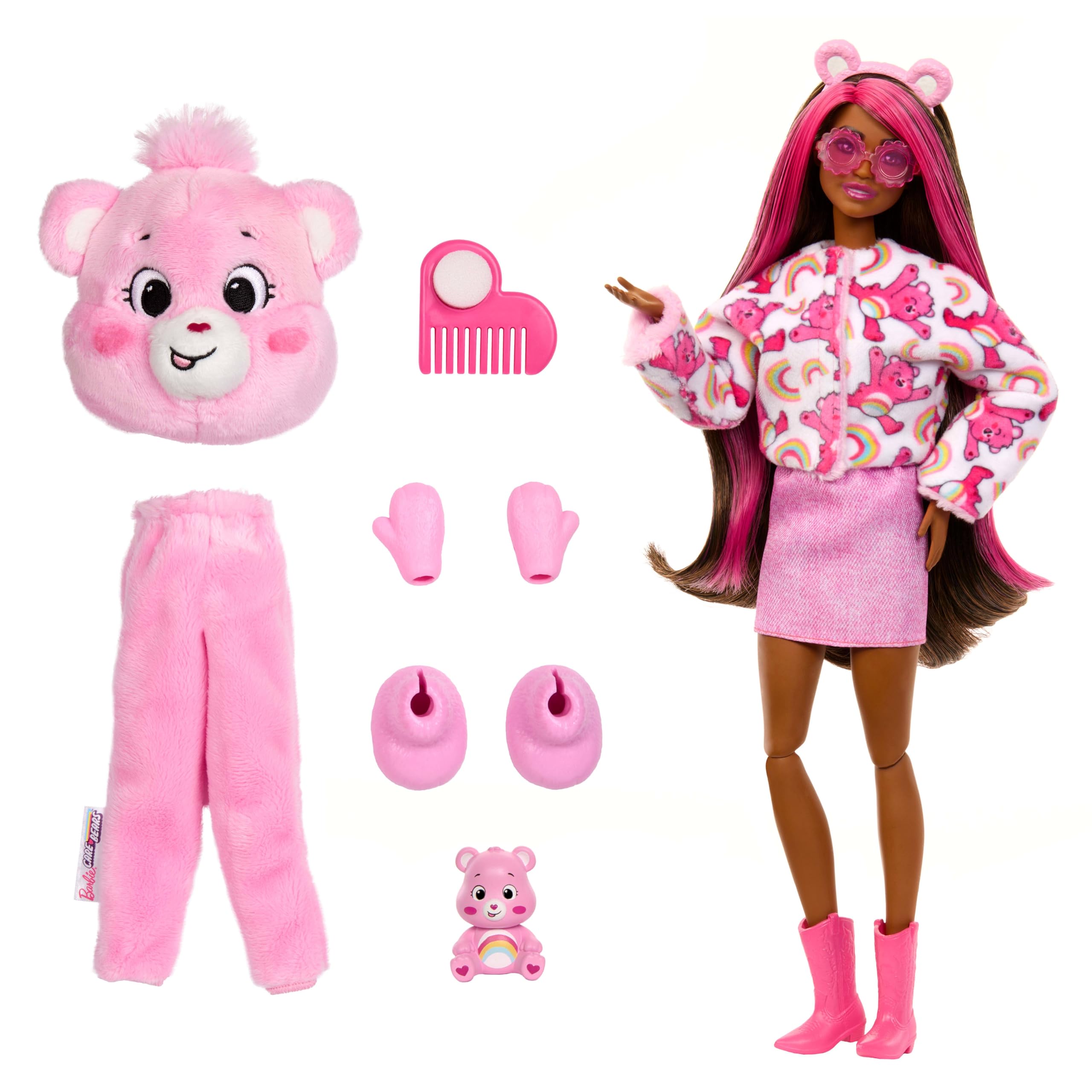 Barbie-Puppe mit Accessoires, Glücksbärchis-Reihe, Modepuppe mit plüschigem Hurrabärchi-Kostüm und 10 Überraschungen, einschließlich Farbwechsel und Mini-Bärchi, JCN95