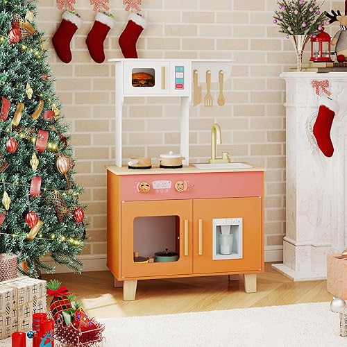Miniatura 10 de HONEY JOY Play Kitchen, juego de cocina retro de juguete de madera con estufa, fregadero, grifo, microondas, máquina de hielo, utensilios de cocina,