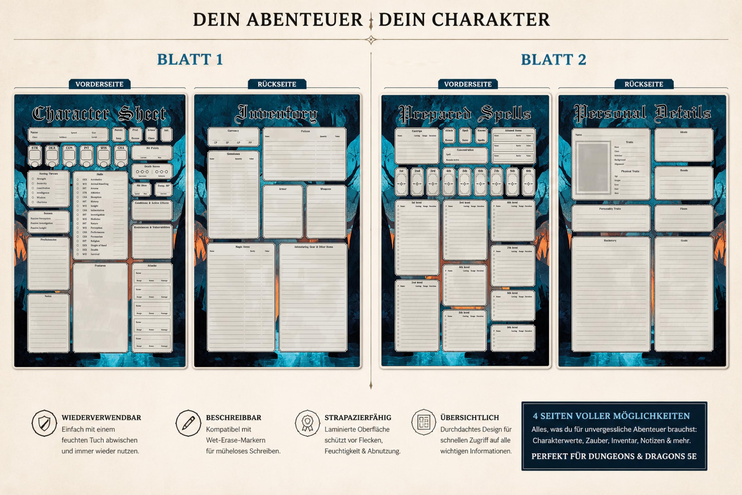 Wiederverwendbarer RPG Charakterbogen – 2 laminierte A4 Character Sheets (4 Seiten), Wet-Erase-Stift inklusive, kompatibel mit D&D 5E & DND 2024 (5.5E)