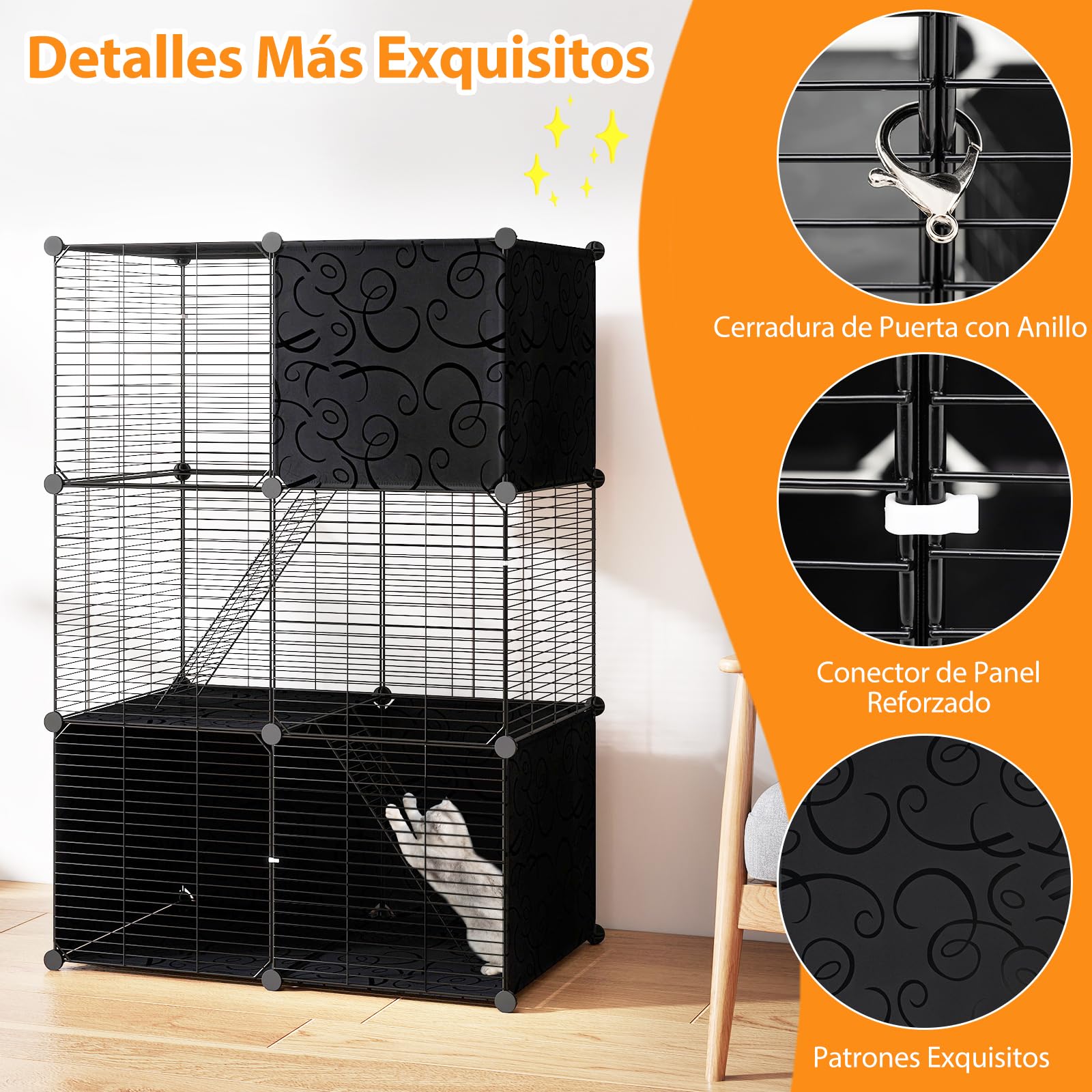 COSTWAY Jaula Grande para Gatos, Recinto para Gatitos de 3 Niveles de Alambre Metálico para Interiores, Parque de Metal para Gatos, Corral para Mascotas para Pequeños Animales, 74 x 47 x 110 cm