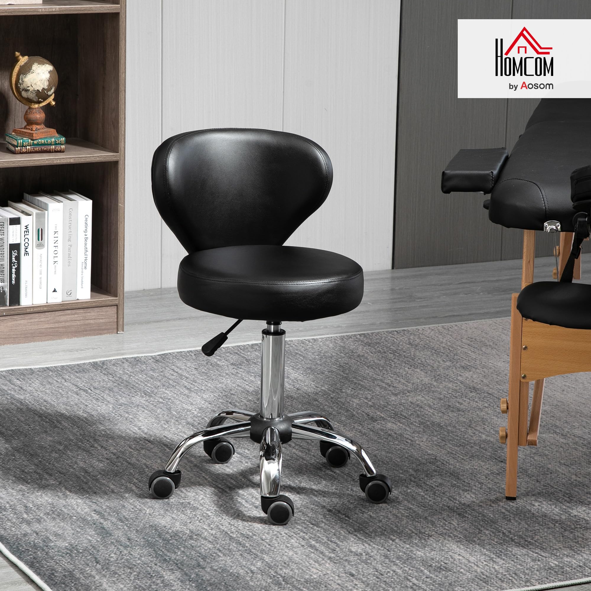 HOMCOM con Ruedas de Masaje – Taburete de Trabajo Giratorio 360° – Asiento Ajustable 49-64H cm, Respaldo ergonómico – Metal Cromado Revestimiento sintético Negro