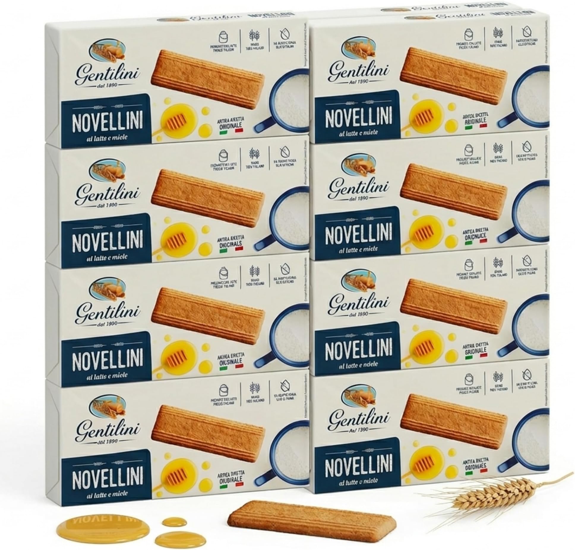 Gentilini Novellini Italian Biscotti Cookies, Milk & Honey, 8 Pack (8.8 oz / 250 g Each) – Imported from Italy, Classic Italian Cookies, Crispy Sweet Biscuits for Coffee, Tea & Snacking