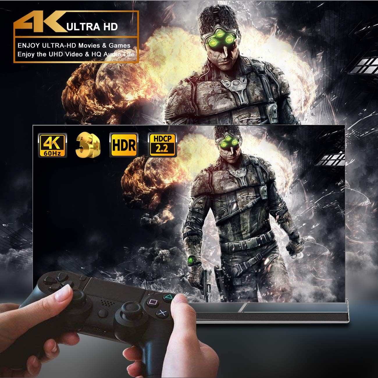 Image showing a person playing a 4K Ultra HD game, emphasizing the switch's support for 4K@60Hz, 3D, and HDR with HDCP 2.2.