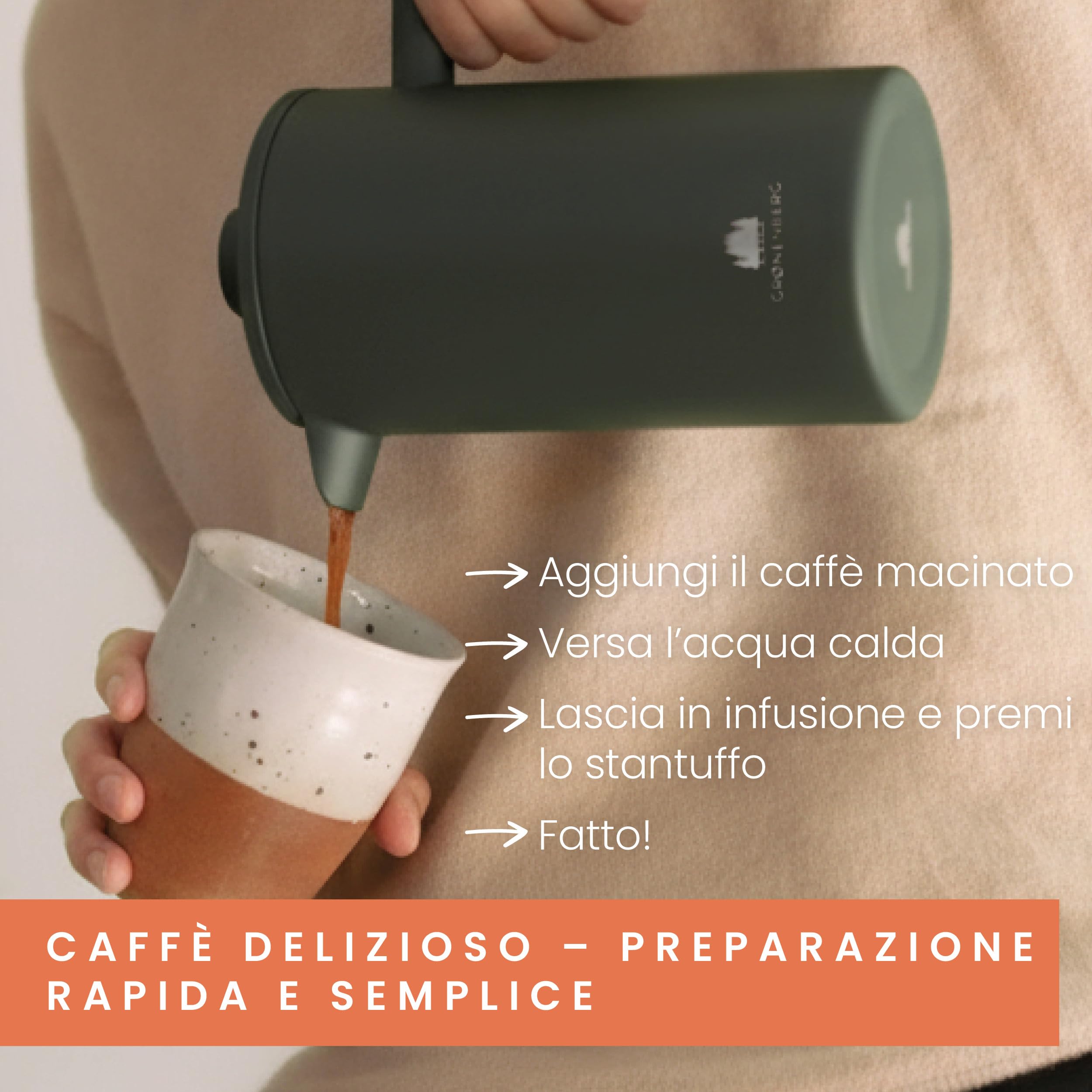 Groenenberg French Press Forest 600ml (3 Tazze) l Caffettiera francese in acciaio inox l Caffettiera pistone con filtri di ricambio e funzione termica
