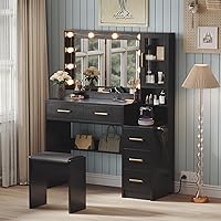 TOKSOM Black Makeup Vanity with Lights, Charging Station, 5 Drawers, Stool & Storage - Bedroom Dressing Table for Women Girls