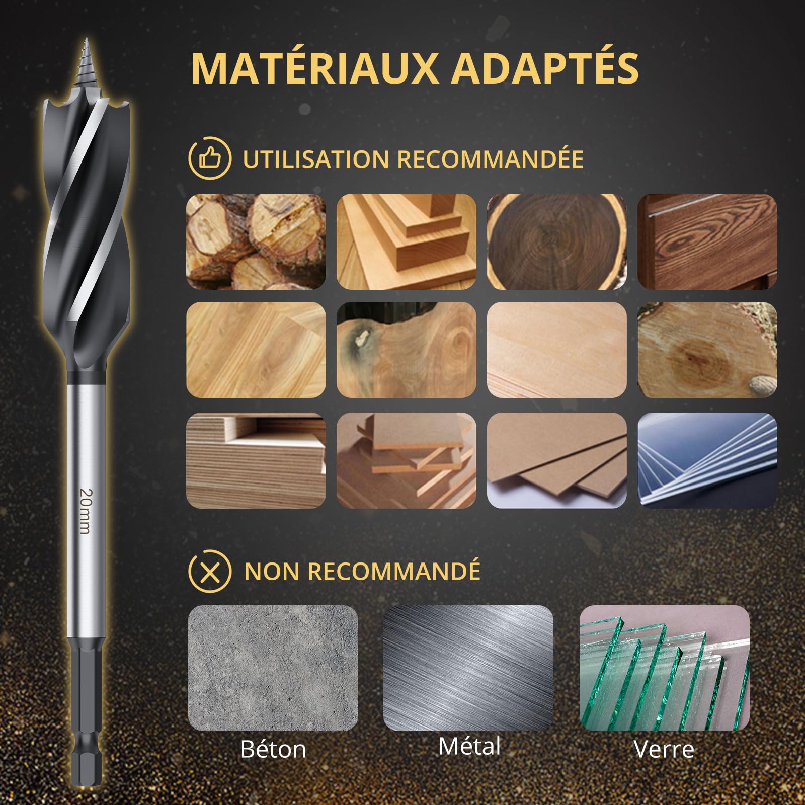 AMTOVL Foret à Bois Hélicoïdal 5PCS Forets à Chanfreiner Matériau 45 Acier Carbone Mèche à Bois 15mm/20mm/25mm/30mm/35mm pour Perçage de Torsion pour le Bois