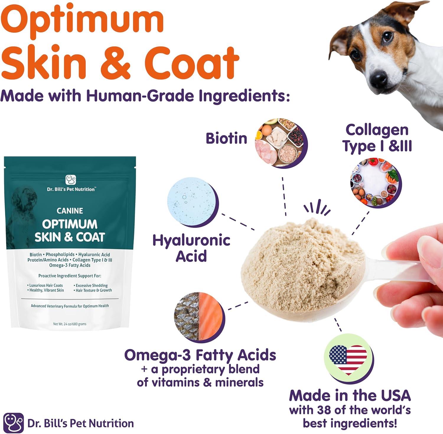 Dr. Bill's Canine Optimum Skin & Coat – Reduces Shedding, Itching, Dry Skin – Allergy Relief for Healthy Fur - Omega 3, Collagen, Biotin & Hyaluronic Acid – 340g Vet-Recommended Dog Supplement