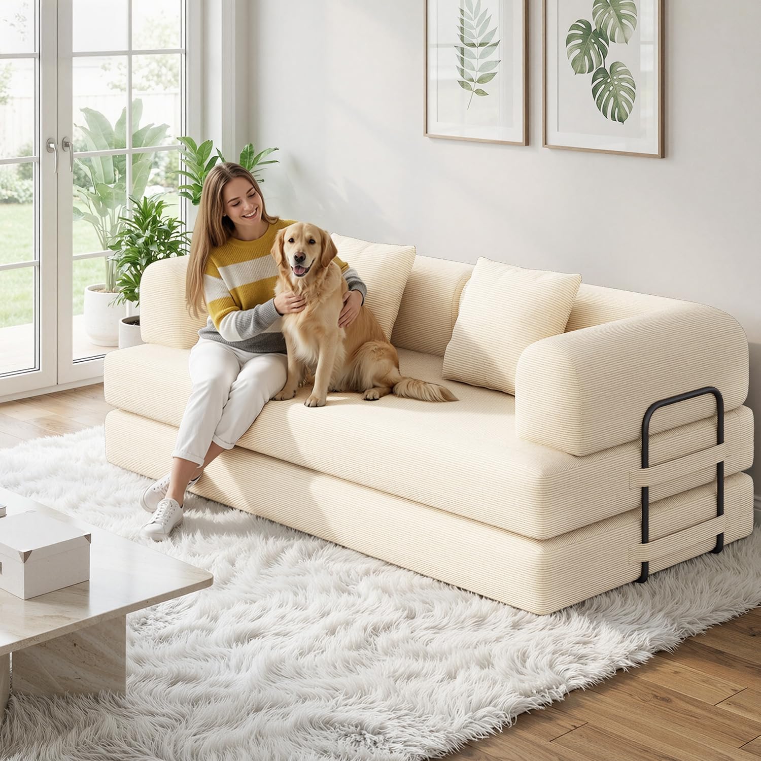 Xbro Sofá Cama 3 Plazas de 200cm,Sofa Modular con 5 configuraciones transformables，Sofa comprimido al vacio(Sin Montaje) de Pana para salón y Dormitorio, Blanco