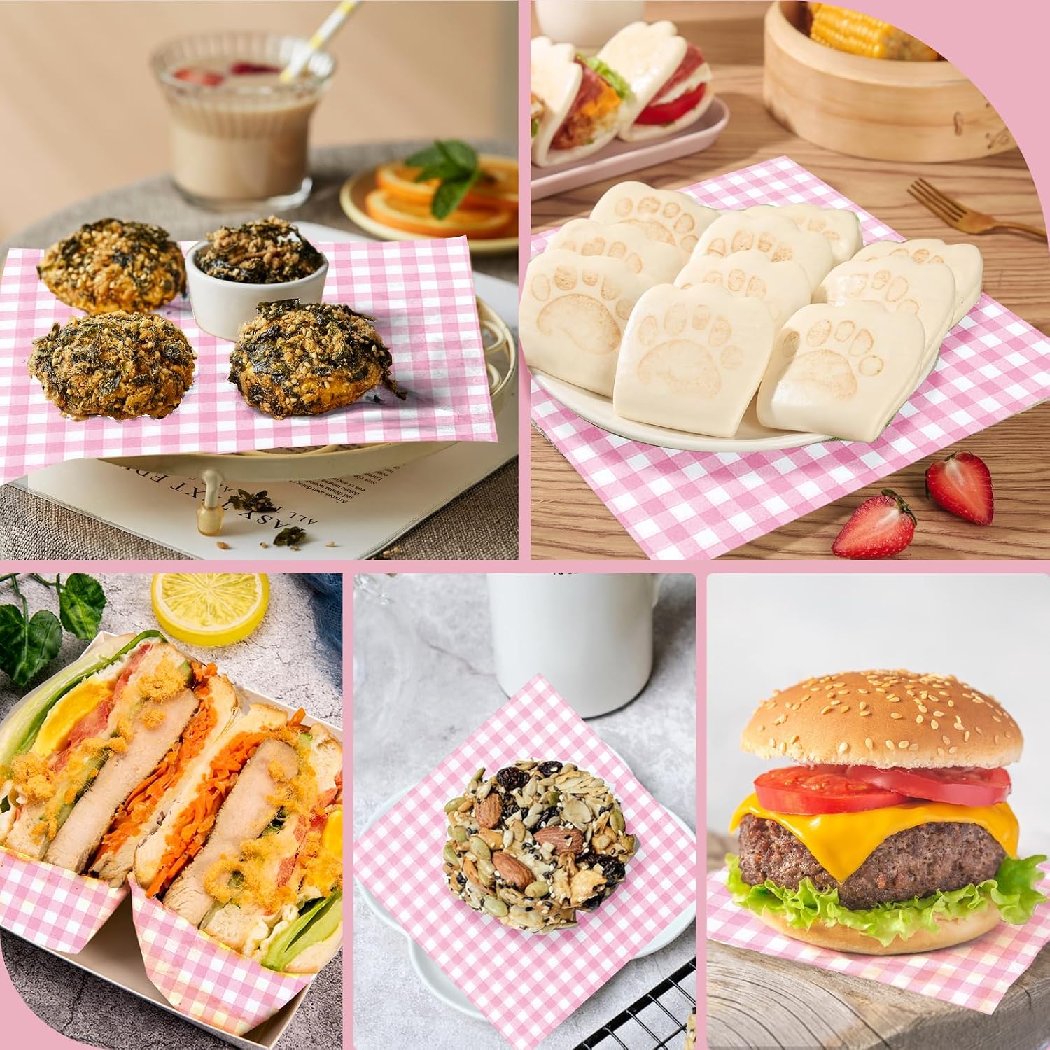 Waxed Deli Paper Sheets 7x7 Inch, 100 Pack Pink Checkered Sandwich Wrapping Paper, Greaseproof Basket Liners, Precut Deli Wrap Wax Sheets, Microwave Safe Burger/Hot Dog/BBQ/Food Truck/Party