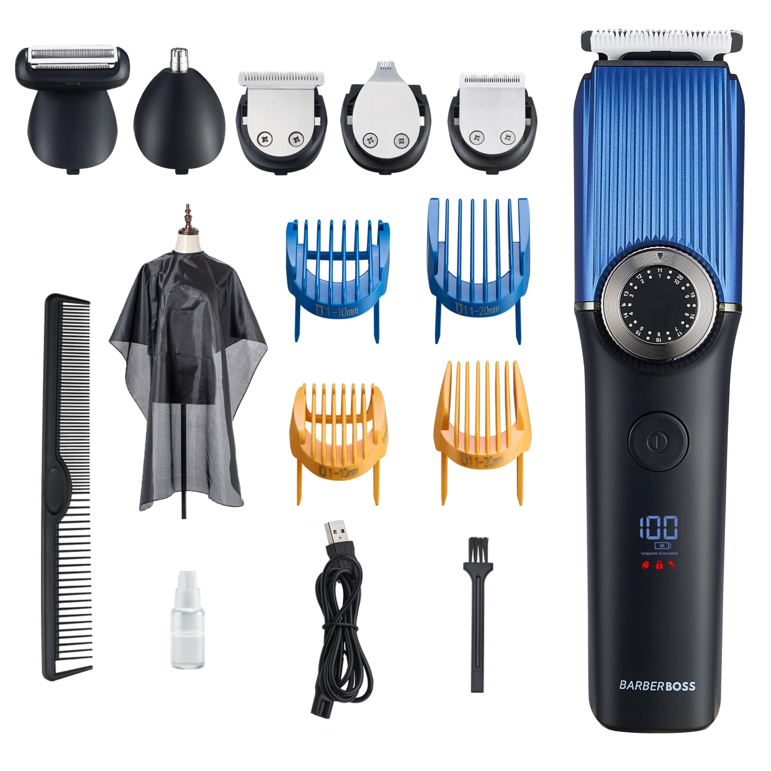 BarberBoss Men's Grooming Kit - Cordless Beard Trimmer, Hair Clippers, Nose & Ear Trimmer, All-in-One Face and Haircut Set