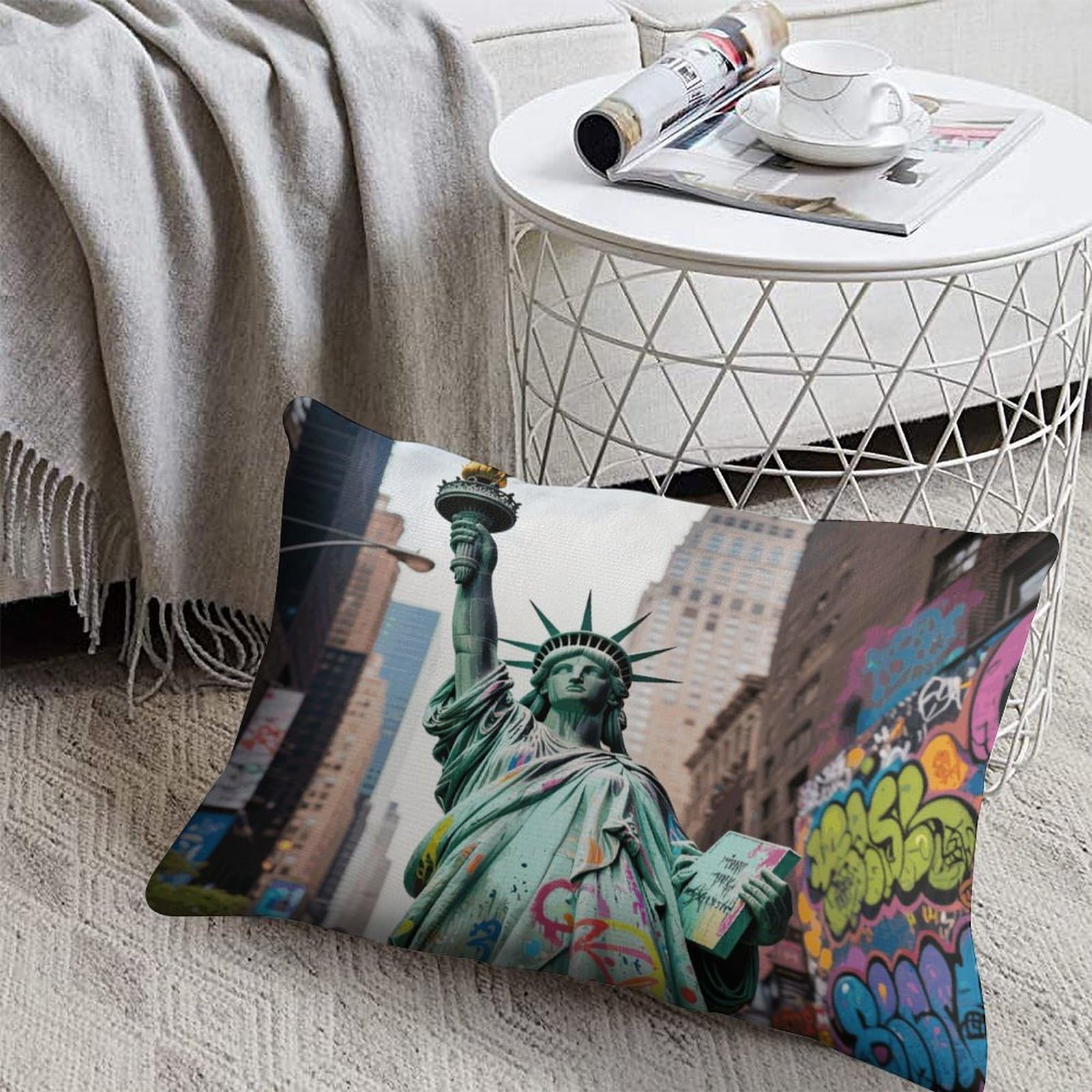 FodPand Decorative Throw Pillow Covers 8x12 Short Plush NY Graffiti Liberty Body Pillowcase Cushion Cases with Invisible Zipper Rectangle Lumbar Pillow Shells for Sofa Couch Chair Bed Home Decor