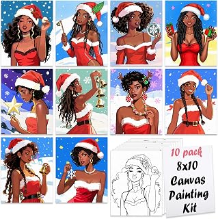 Nuberlic Christmas Pre Drawn Canvas Painting Kits for Sip and Paint Party Black Girls Hangout Yule Girls Paint and Sip Party Supplies Xmas Home Decorations Christmas Gifts 10Pcs 8x10 inch