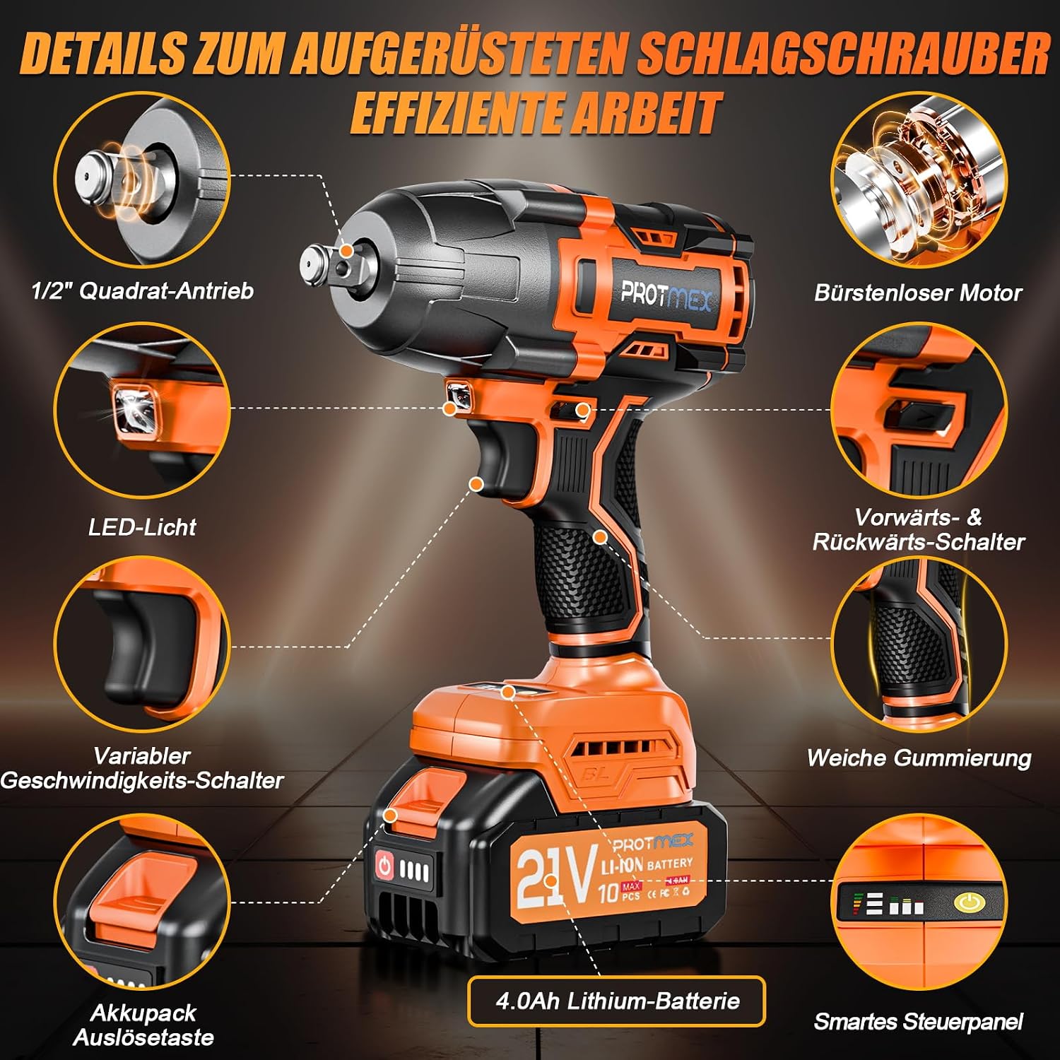 Cordless 1/2" Brushless Impact Wrench 900Ft-lbs 21V 2x4.0Ah Batteries Variable Speeds