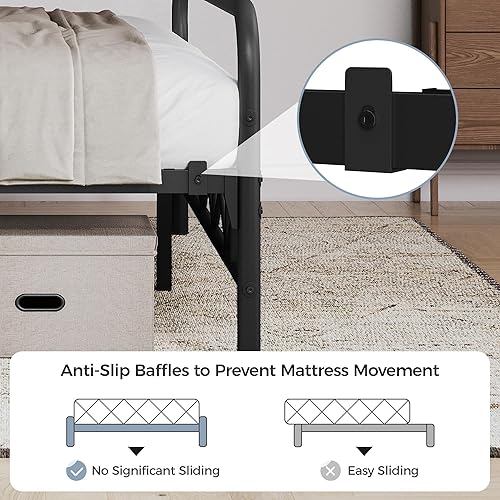 Miniatura 7 de Topeakmart Base de cama Queen con cabecera de estilo vintage, base de colchón, no necesita somier, almacenamiento debajo de la cama, soporte de