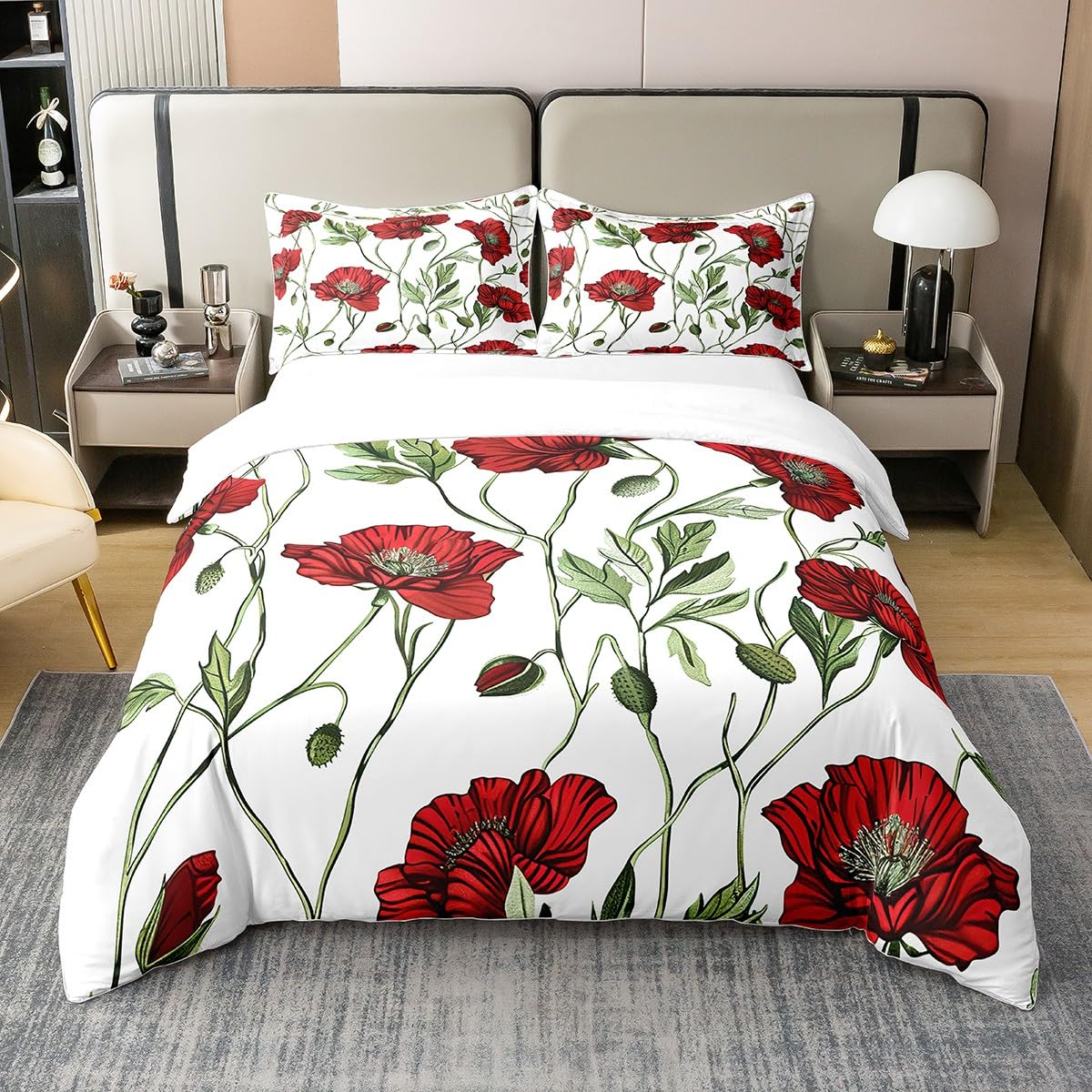 Loussiesd Kinder Mohnblume Baumwolle Bettwäsche Set 135x200cm Frühling Floral Blume Betten Set für Mädchen Jungen Natur Thema Bettbezug Set Home Dekor,1 Bettbezug mit 1 Kissenbezug
