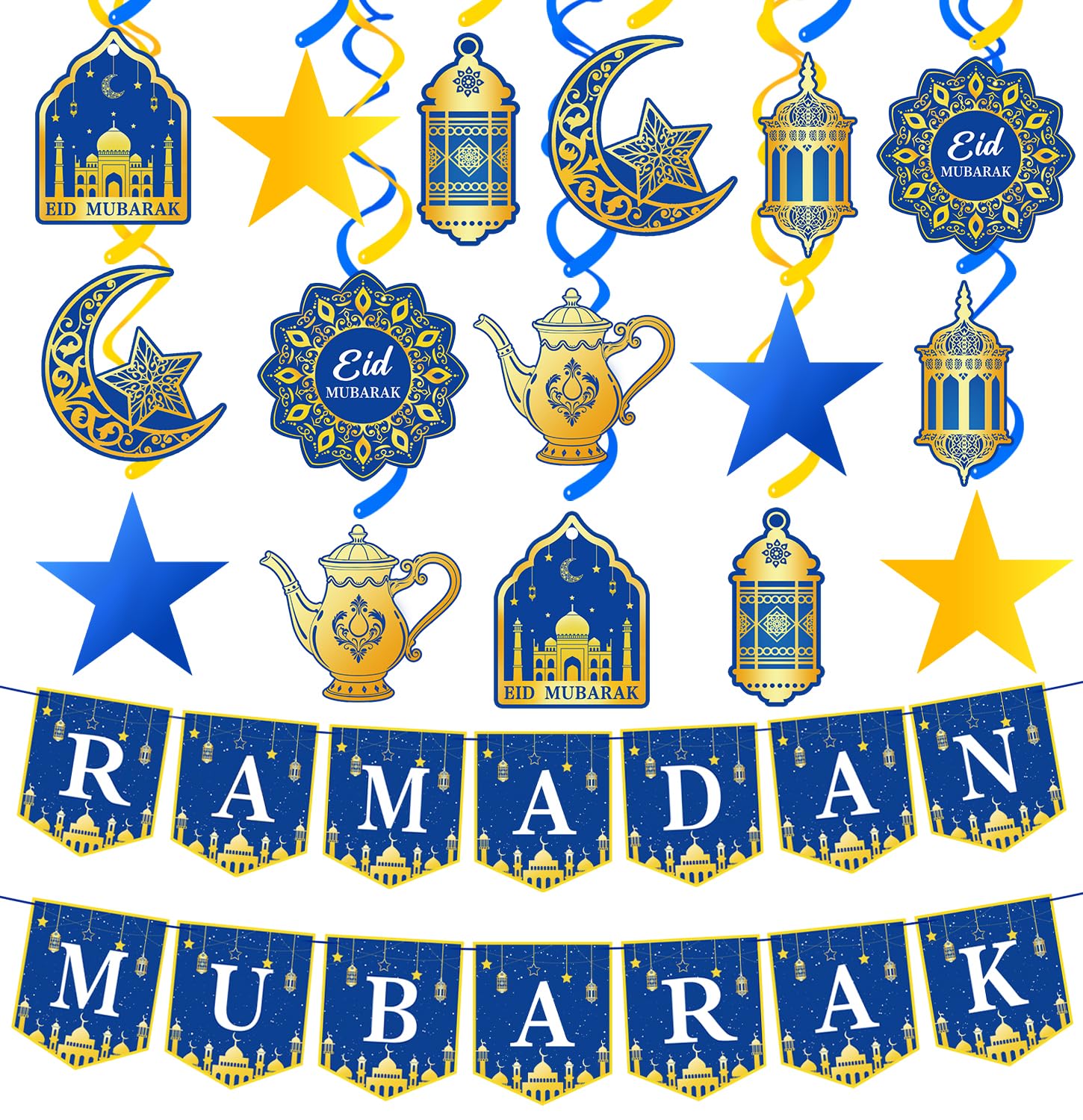 34Pcs Ramadan Decorations Pre-Assembled Mubarak Eid Kareem Muslim Banner Hanging Swirls Garland Decor Party Supplies Ramadan Decorations for Home