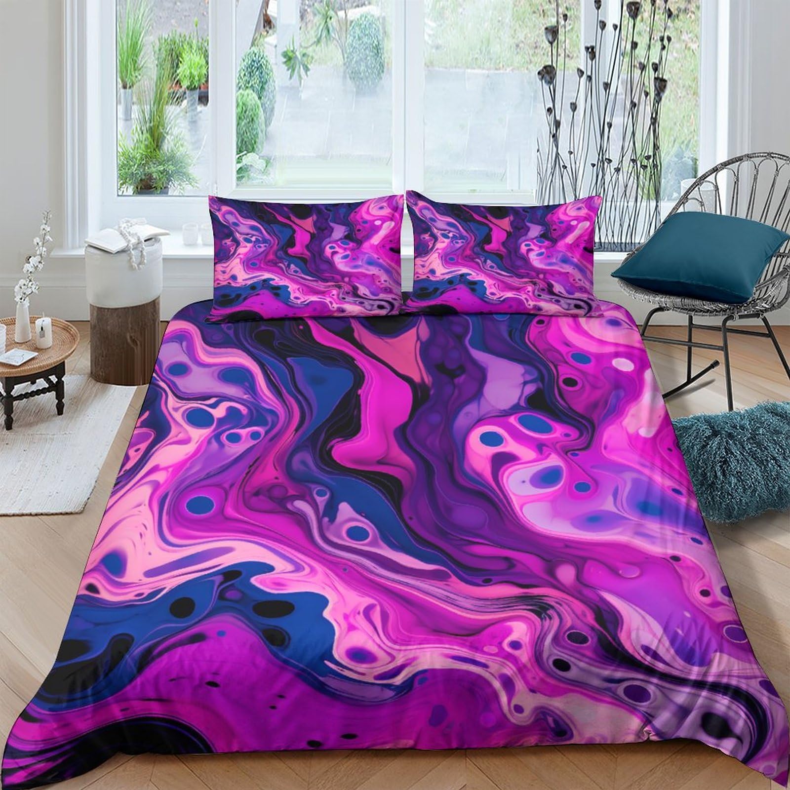 Purple Trap Effect Swirl 3 Piece Set Printed Duvet Cover Bed Set, Bedding Set, Soft Comforter Cover With Zipper Quilt Cover & Pillowcaseswith Zipper Closure Microfiber King（220x240cm）
