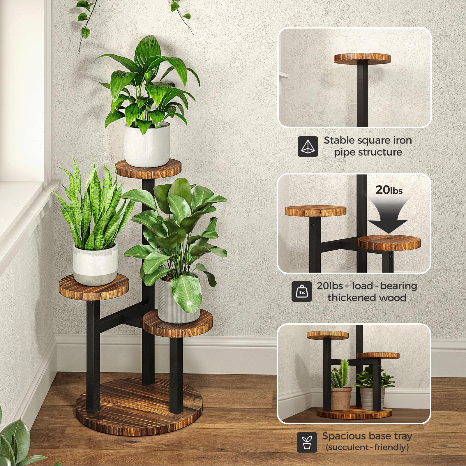 Bamworld 3-laags plantenstandaard voor binnen, metalen hoekplank voor meerdere planten, kleine gelaagde ronde bloemenstandaard voor terras, tuin, balkon, woonkamer, slaapkamer