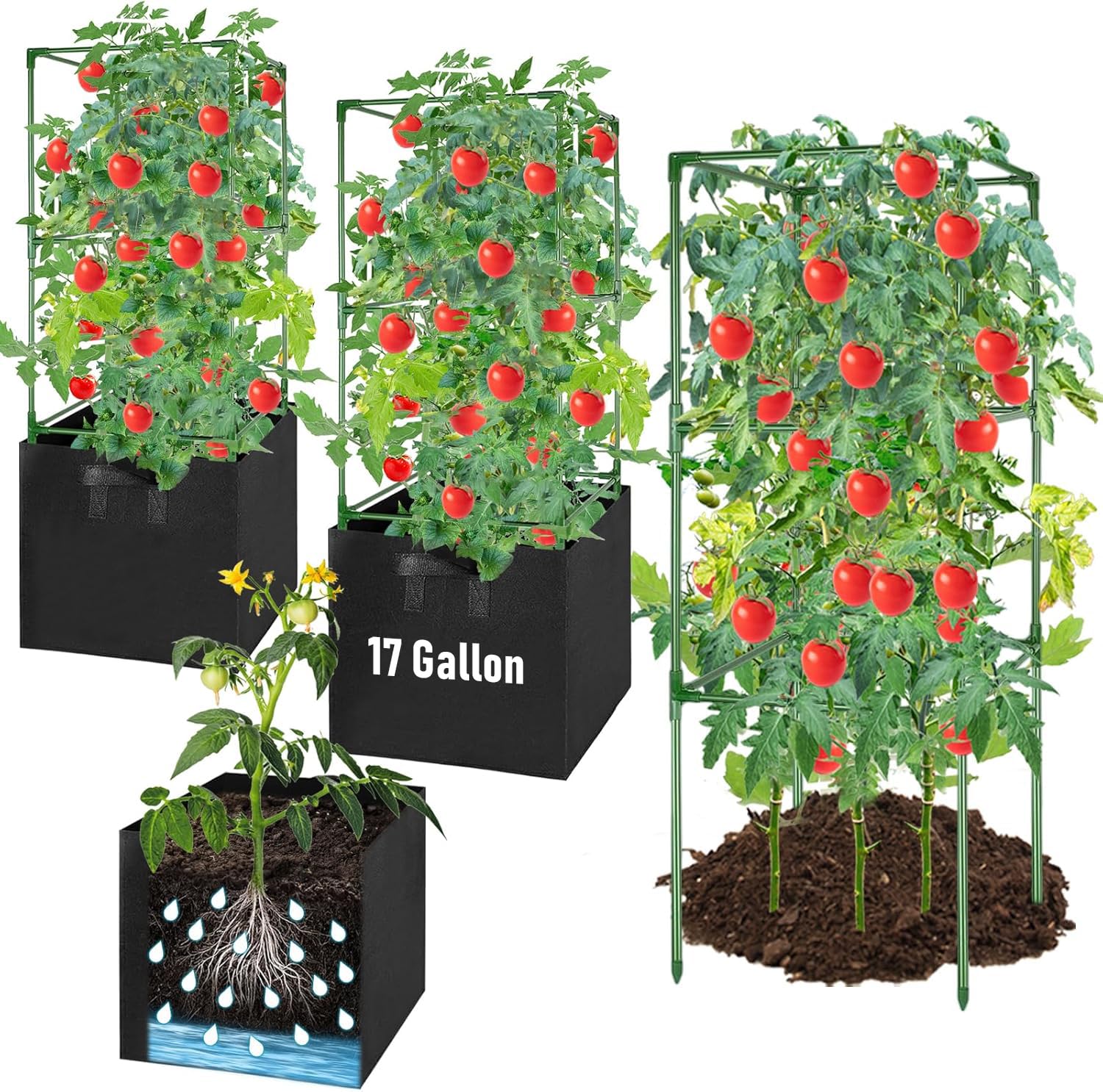 2 Pack Tomato Cages with 17 Gallon Grow Bags, 47” Heavy Duty Square Tomato Plant Stakes Support Cages Trellis for Garden Climbing Vegetables Flowers Fruits (47IN Tall, Extra-Bold)
