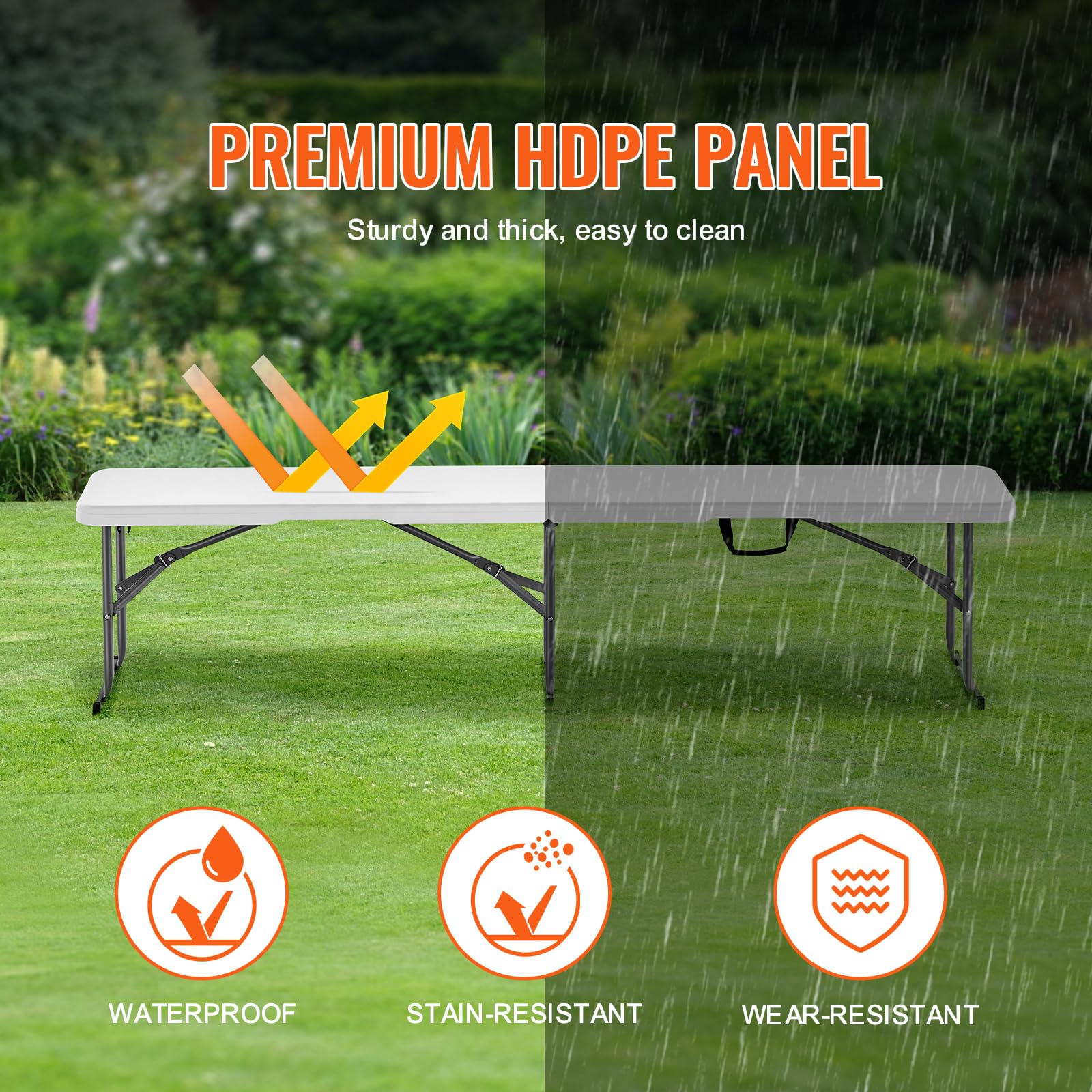 VEVOR Panca Pieghevole in Plastica, Panca Portatile 183 mm Esterno Impermeabile in HDPE, Seduta da Pranzo per Picnic e Campeggio con Maniglia Trasporto, per Attività in Giardino, Bianco 2 Pezzi