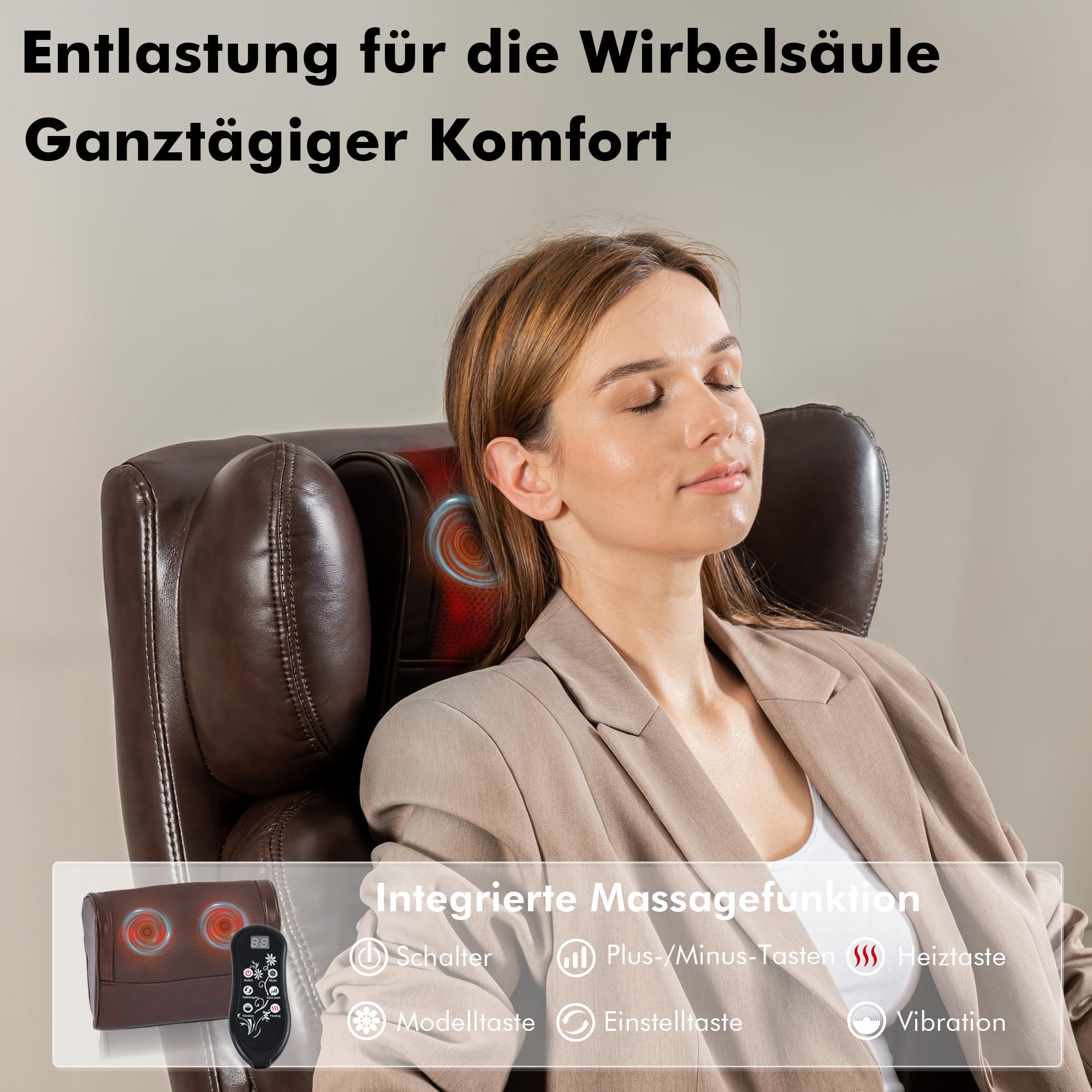 DEKKETO Bürostuhl Ergonomisch mit Fußstütze, Leder Chefsessel mit Massagefunktion, Verstellbare Kopfstütze und Lendenstütze, Rückenlehne, Drehstuhl mit Staufächern, Braun