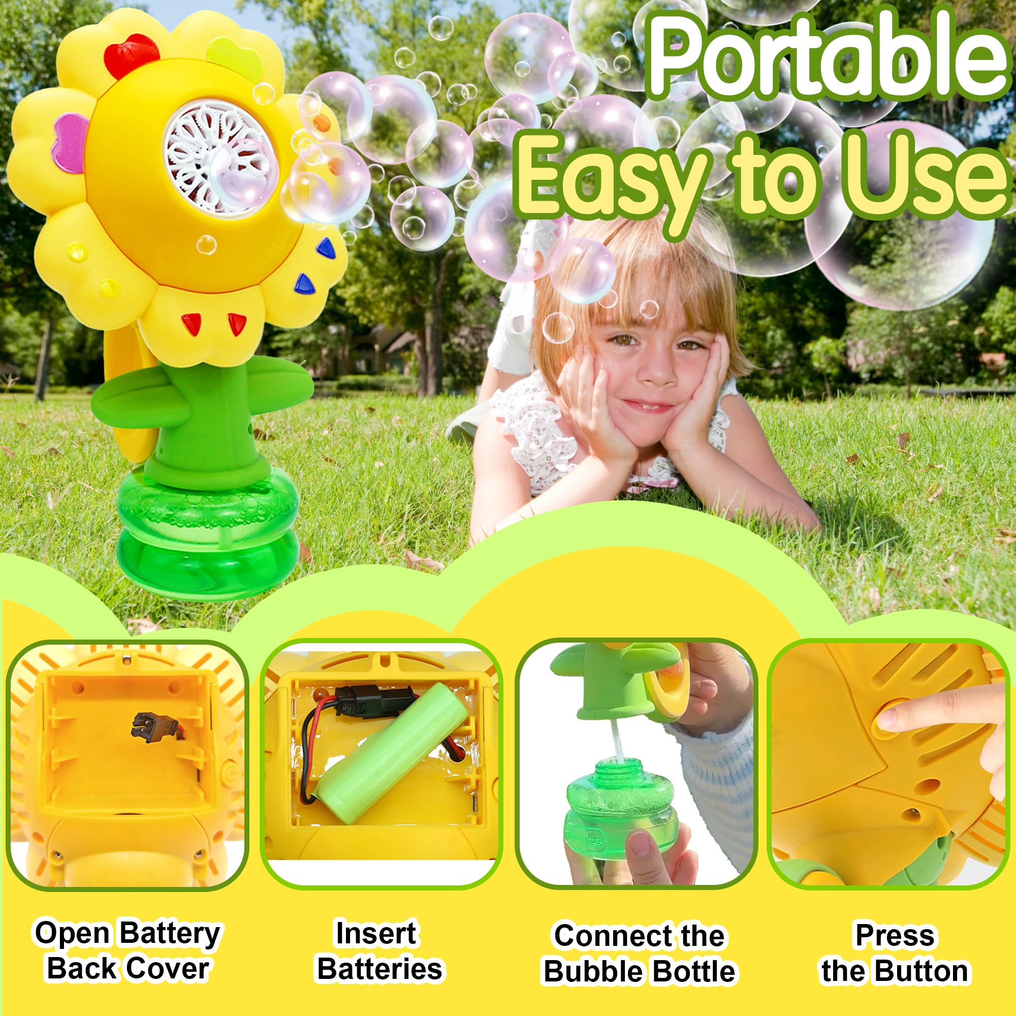 Máquina de Burbujas Florales, Máquina Automática de Burbuja con Luz, Bubble Blower con Concentrado de Burbujas y Batería Recargable, Juguete para 3-8 Años Niño Fiesta Cumpleaños al Aire Libre Regalo