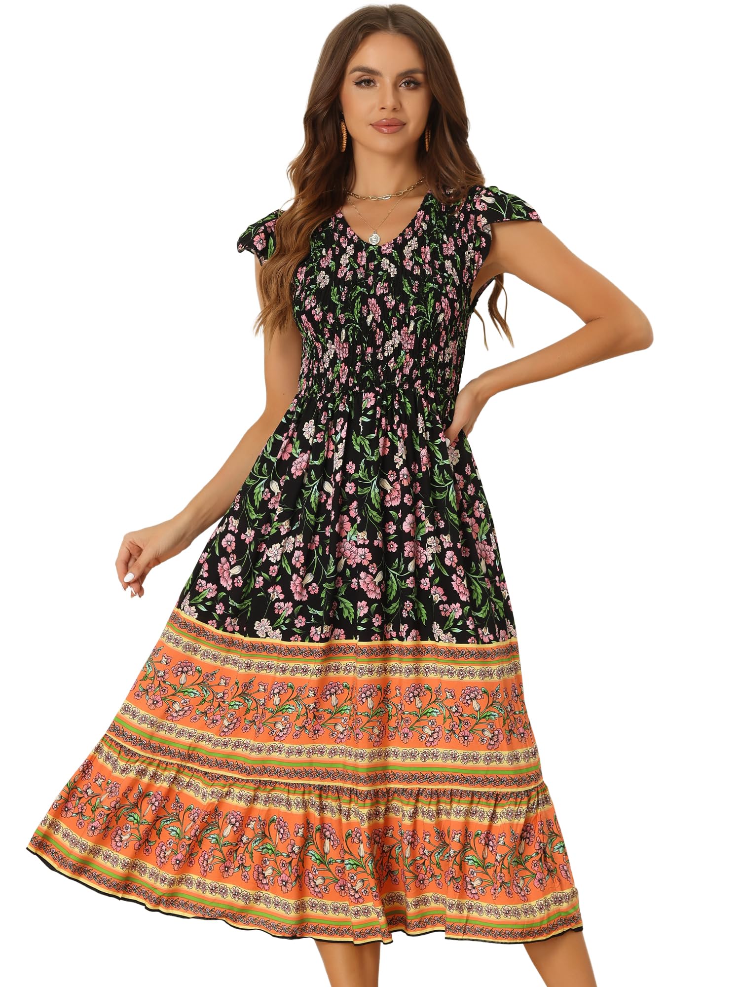 Allegra K Vestido Floral Vintage Con Cuello Peter Pan Para Mujer, Cintura Alta, Fluido, Midi, Manga Abombada, Azul, XS