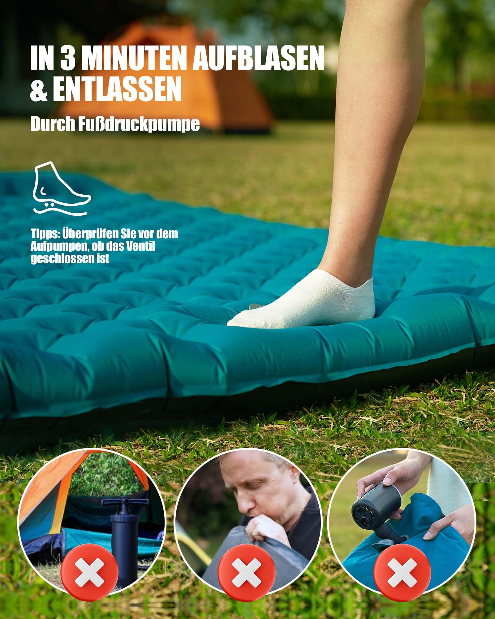 AKSOUL Double Tapis de Camping Matelas Gonflable - Portable & Léger Tapis de Couchage Autogonflant, 2 Personnesavec Matelas de Couchage Oreiller & Pompe à Pied pour Randonnée, Tente