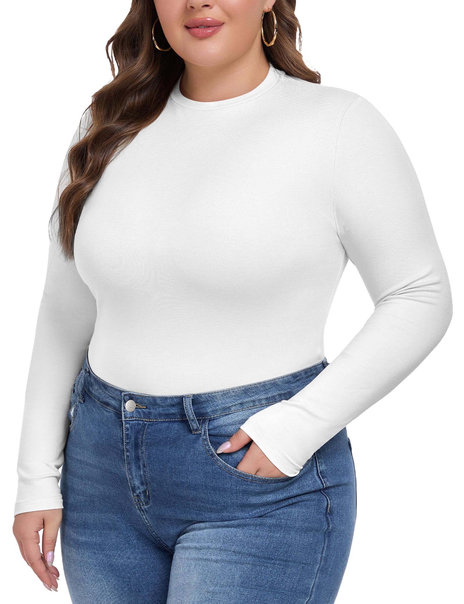 COOTRY Women's Plus Size Long Sleeve Shirts Crew Neck Slim Fitted Basic Tops Fall Clothes
