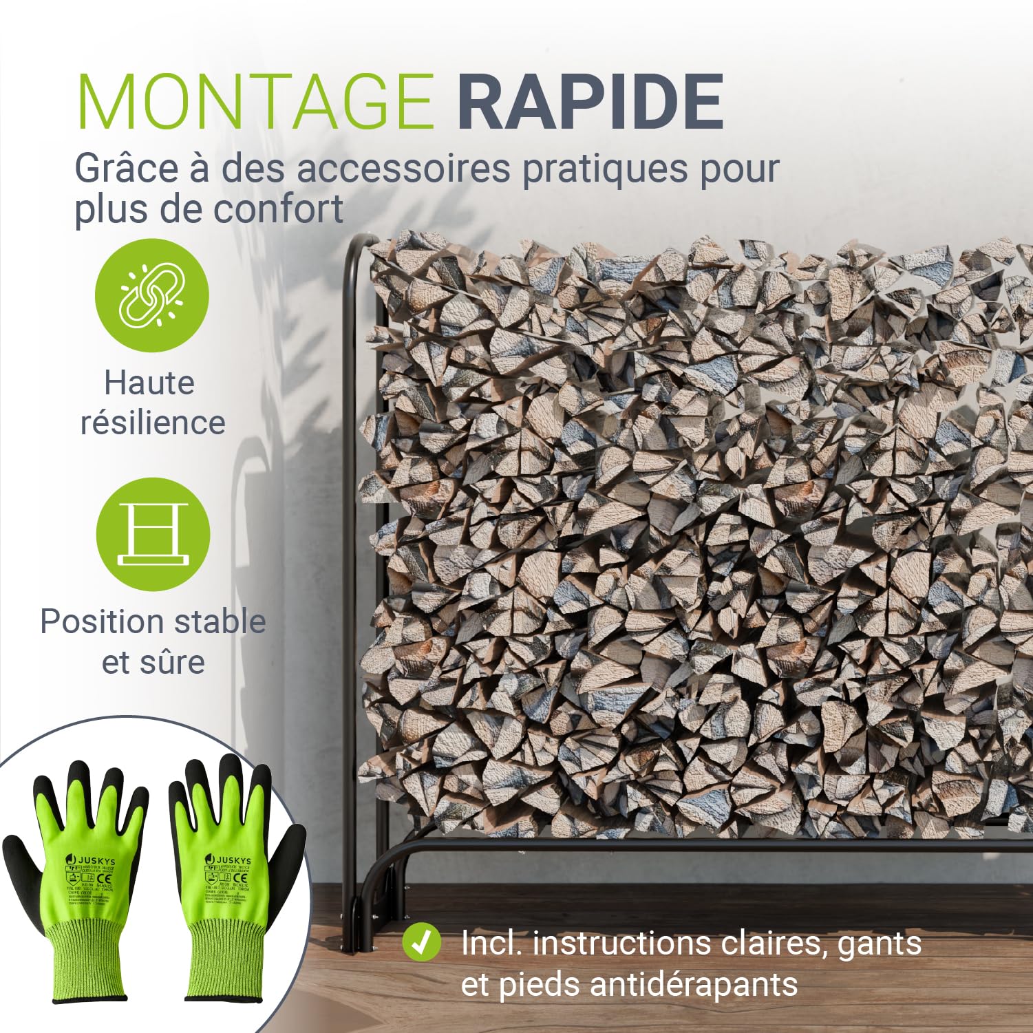 Juskys range-bûches L 260 x 117 x 36 cm noir support à bois de chauffage en acier avec housse Oxford abri à bois extérieur charge 300 kg