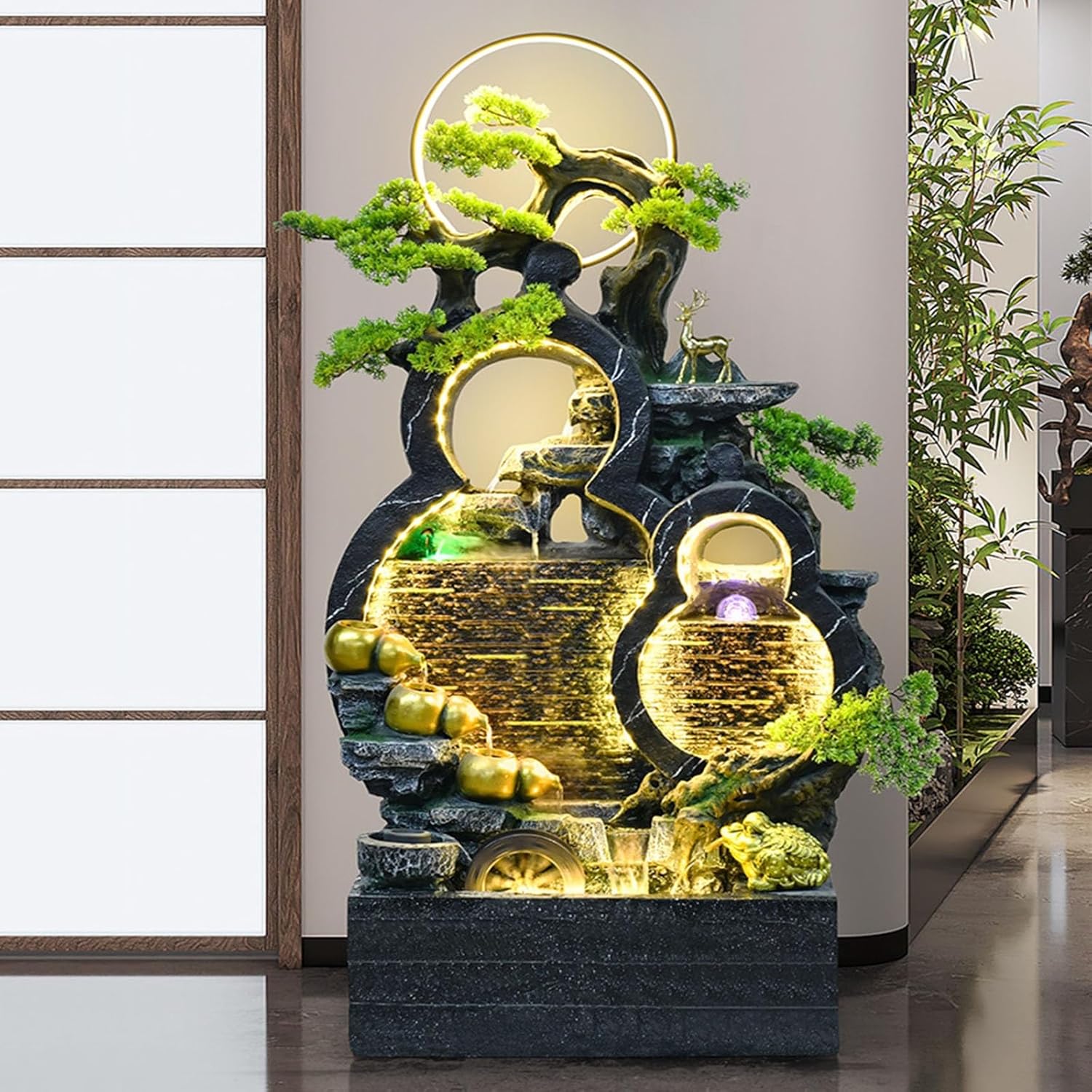 Floor Water Fountain Floor Standing Gourd Water Fountain, Indoor Freestanding Fountain with Water Mist, LED Lights and Simulated Greenery, Feng Shui Office Home Decor for Good Luck Wealth Water Founta