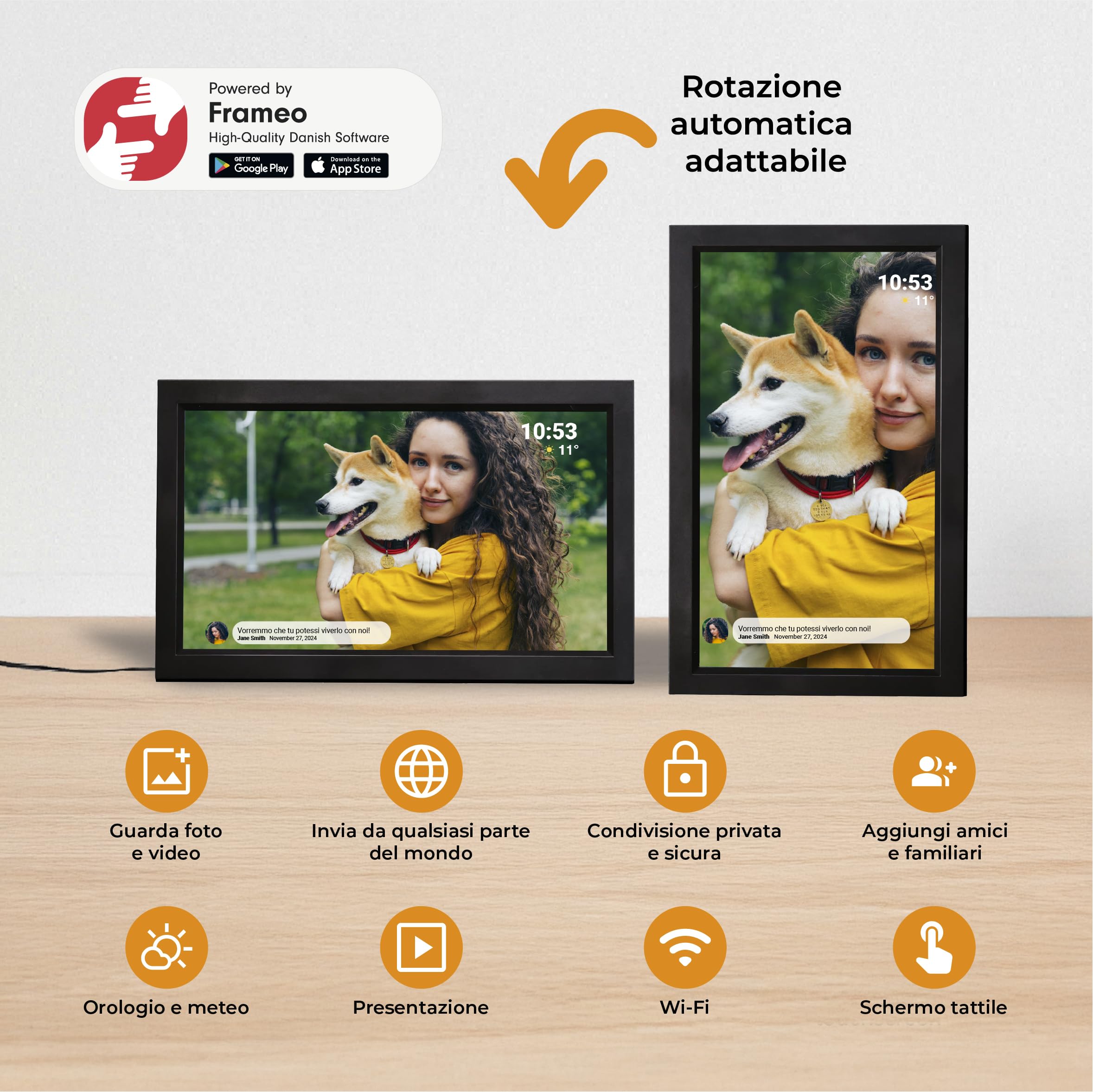 Cornice Digitale 15 Pollici WiFi - Schermo IPS Full HD 1920x1080 - Portafoto Digitale Frameo Denver per Foto e Video - Cornice Elettronica Touchscreen Smart - 16GB Memoria - Slot microSD - Nera