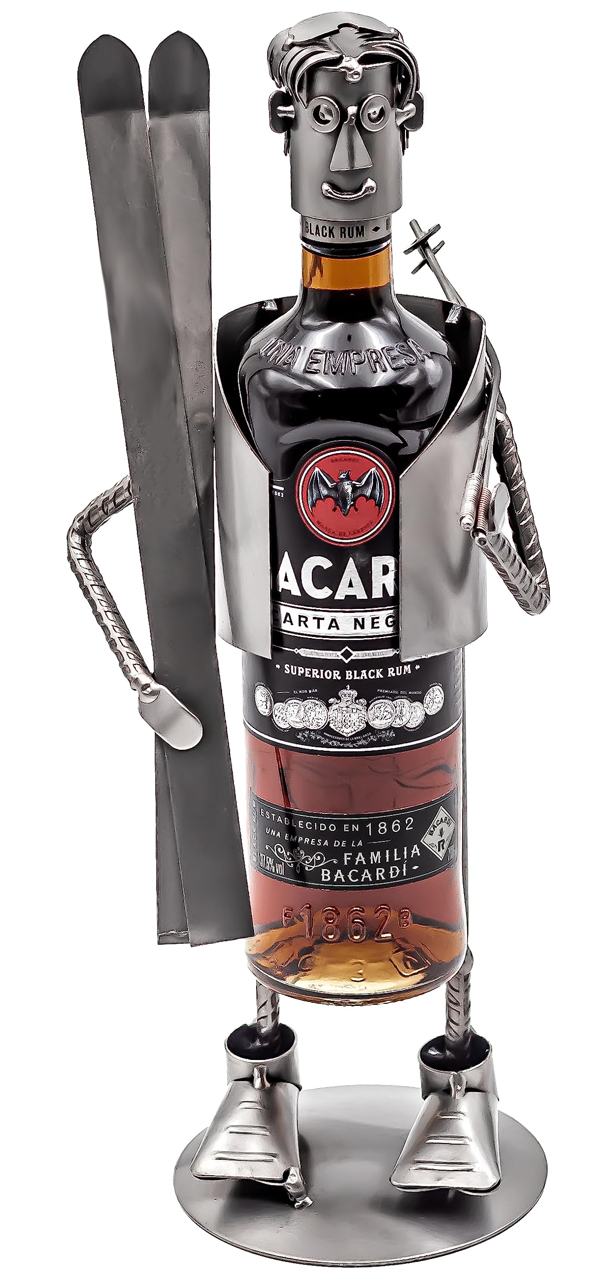 STEEMO Original Schraubenmännchen Weinflaschenhalter – Skifahrer Ski-Fan Wintersport - Handgefertigter Flaschenständer aus Stahl, Nachhaltiges Geschenk für Sportfans, Kreative Wein-Deko, Weinhalter
