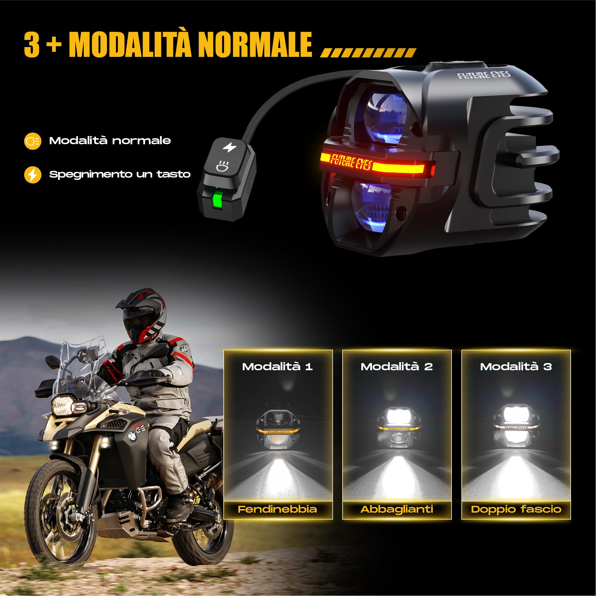 FUTURE EYES Fari Supplementari Moto Omologati E57 CE, 120W 12000LM Faretti LED Supplementari, Fendinebbia Moto Doppia Lente, IP67 Impermeabili