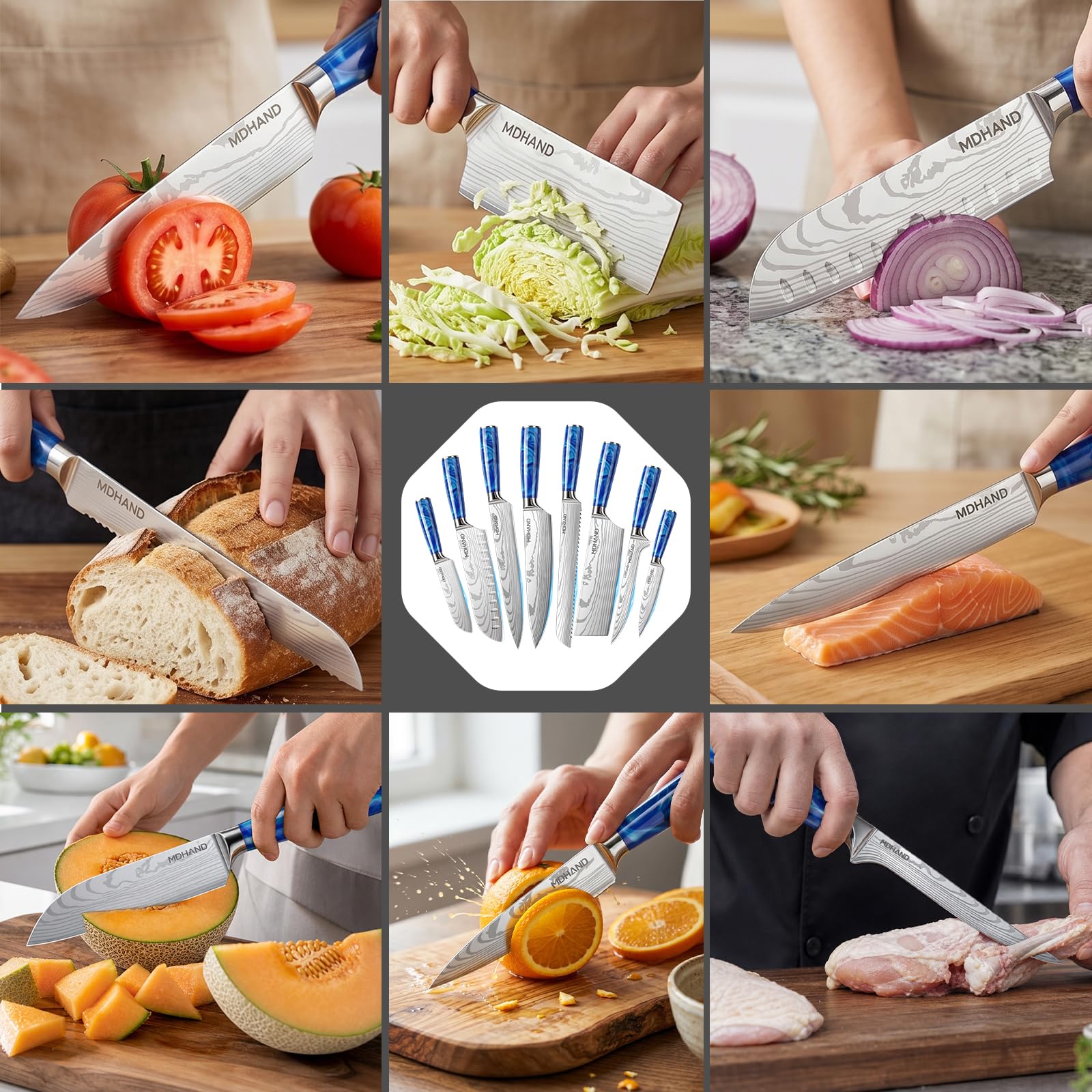 MDHAND Couteaux de Cuisine, Couteau Japonais Tranchant en acier inoxydable en plusieurs tailles avec Poignée confortable, Couteau de Chef Antirouille Cuisine et Cadeau Disponibles