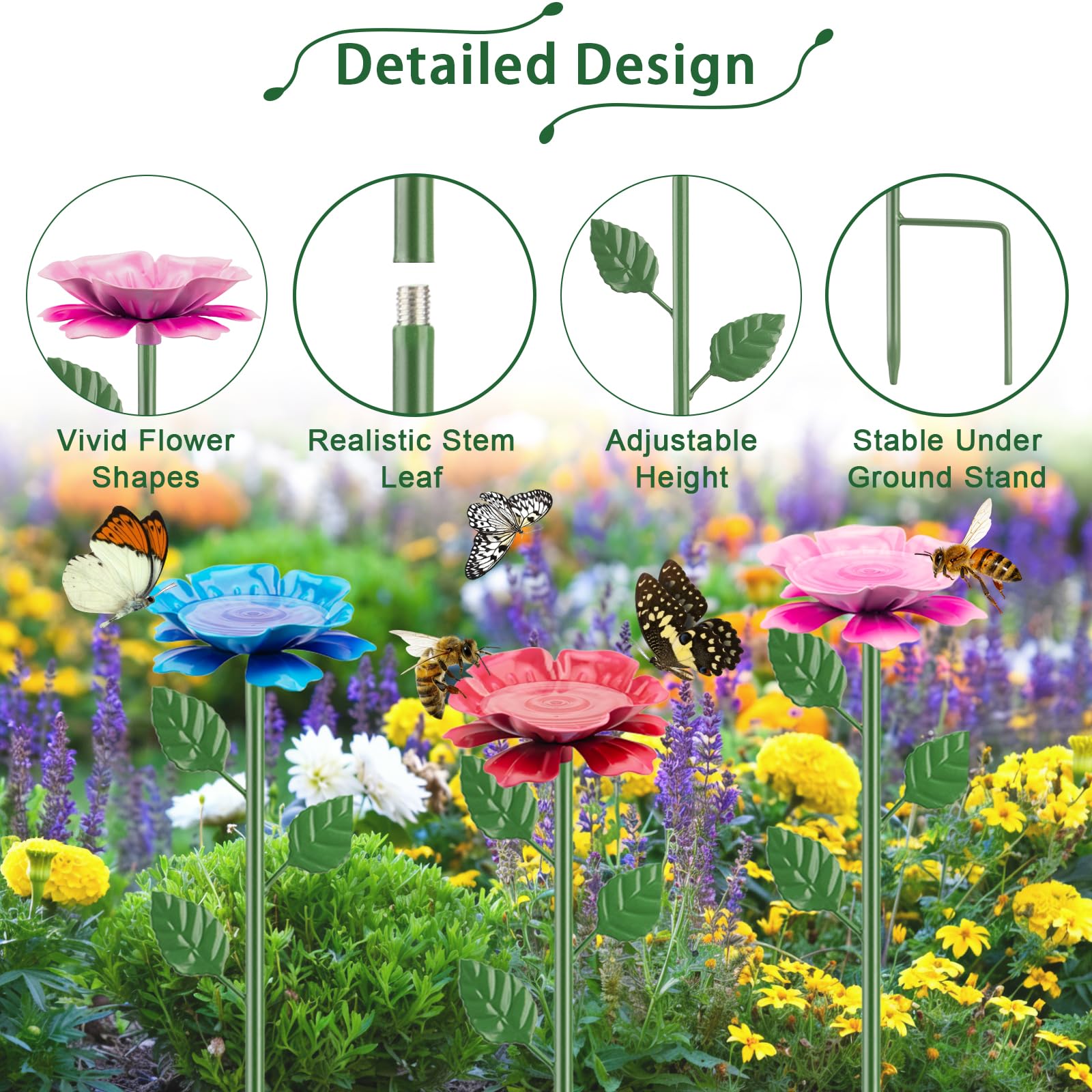 Bee Watering Station, Metal Bee Cups for Garden, Bee Butterfly Feeder with Flower Design, Colorful Butterfly Bee Bath for Outdoor Garden Yard Patio Decor, 6 Pack — view 4