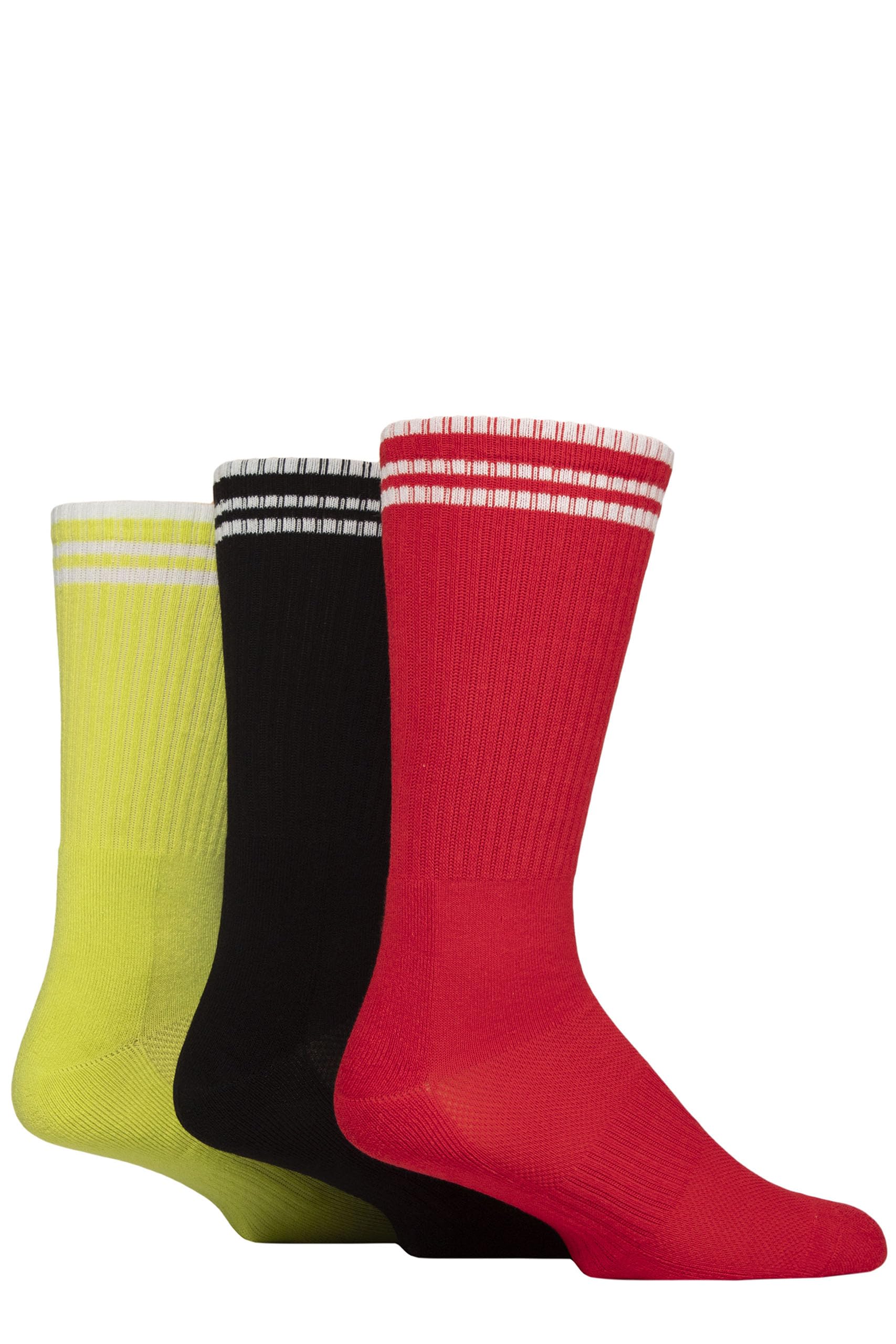 Glenmuir Men's Bamboo Sports Socks - Soft, Breathable and Cooling, Half Cushioned, Arch Supports, Ribbed, Sports, Gym, Exercise, Running, Plain, Stripes, 3 Pair Multipack Size 7-11 Red/Black/Lime