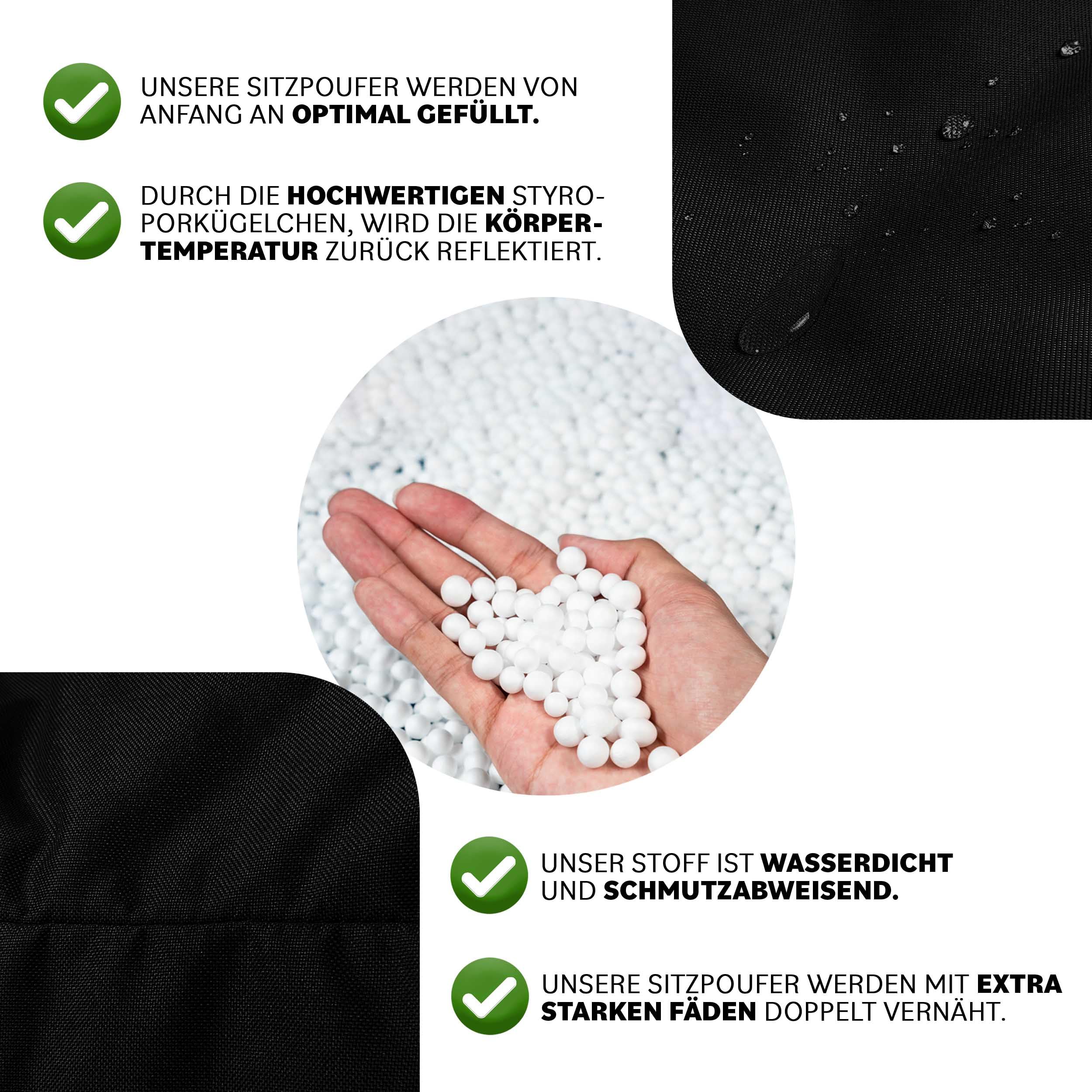 Droplet-Lounge Sitzsack Tropfenform XL 70cm | Sitzkissen Outdoor Indoor Kinder | Bean Bag Bodenkissen mit Füllung | Oxford 600D Oeko-TEX | wasserabweisend (Schwarz)